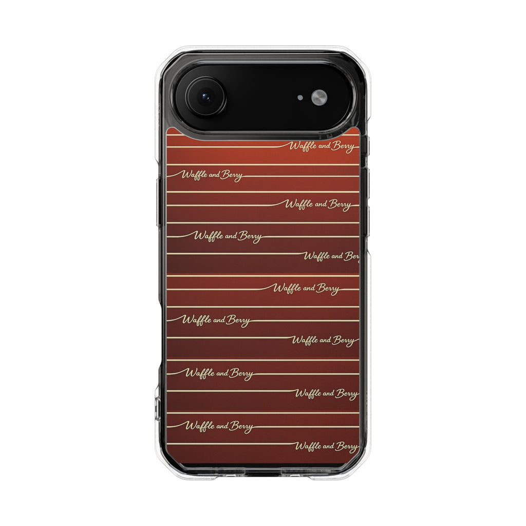 Clear Magnetic Phone Case — Striped Brown Gradient with "Waffles and Brgrs" Script