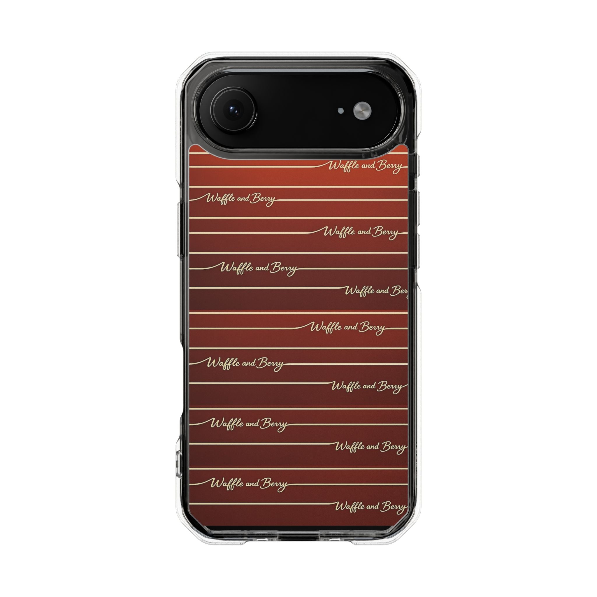 Clear Magnetic Phone Case — Striped Brown Gradient with "Waffles and Brgrs" Script