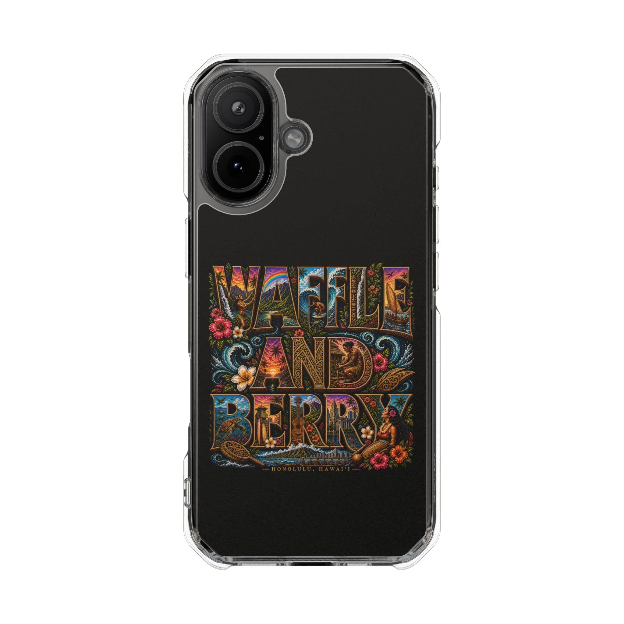Clear Magnetic Phone Case — Bright Rainbow Swirl Design (Waffle and Berry text)