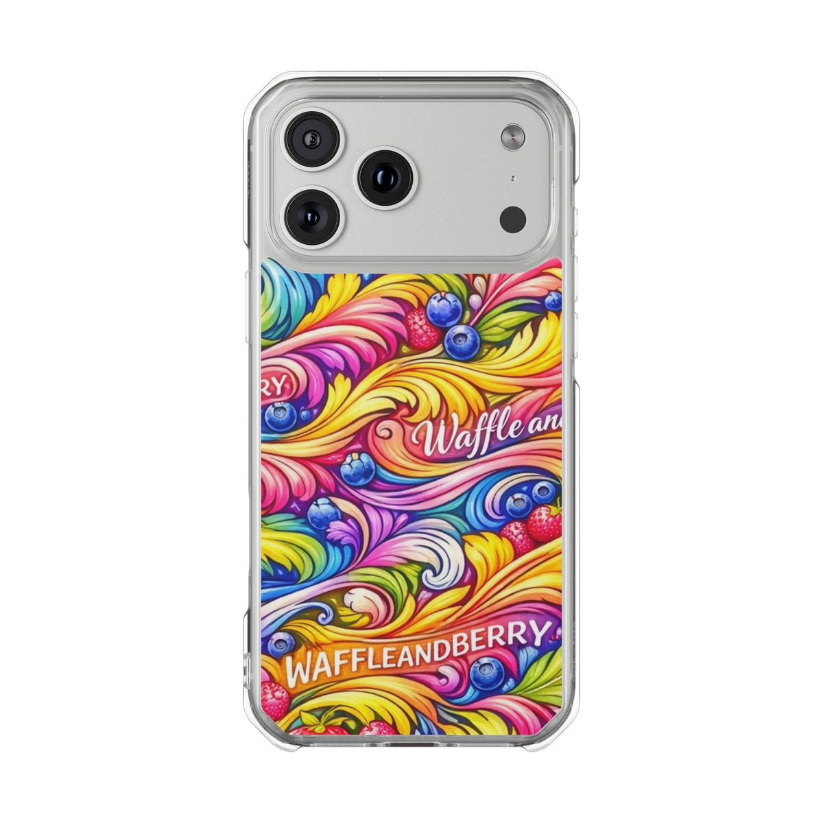 Splash Berry Clear Magnetic Phone Case — Bright Rainbow Swirl Design (Waffle and Berry text)