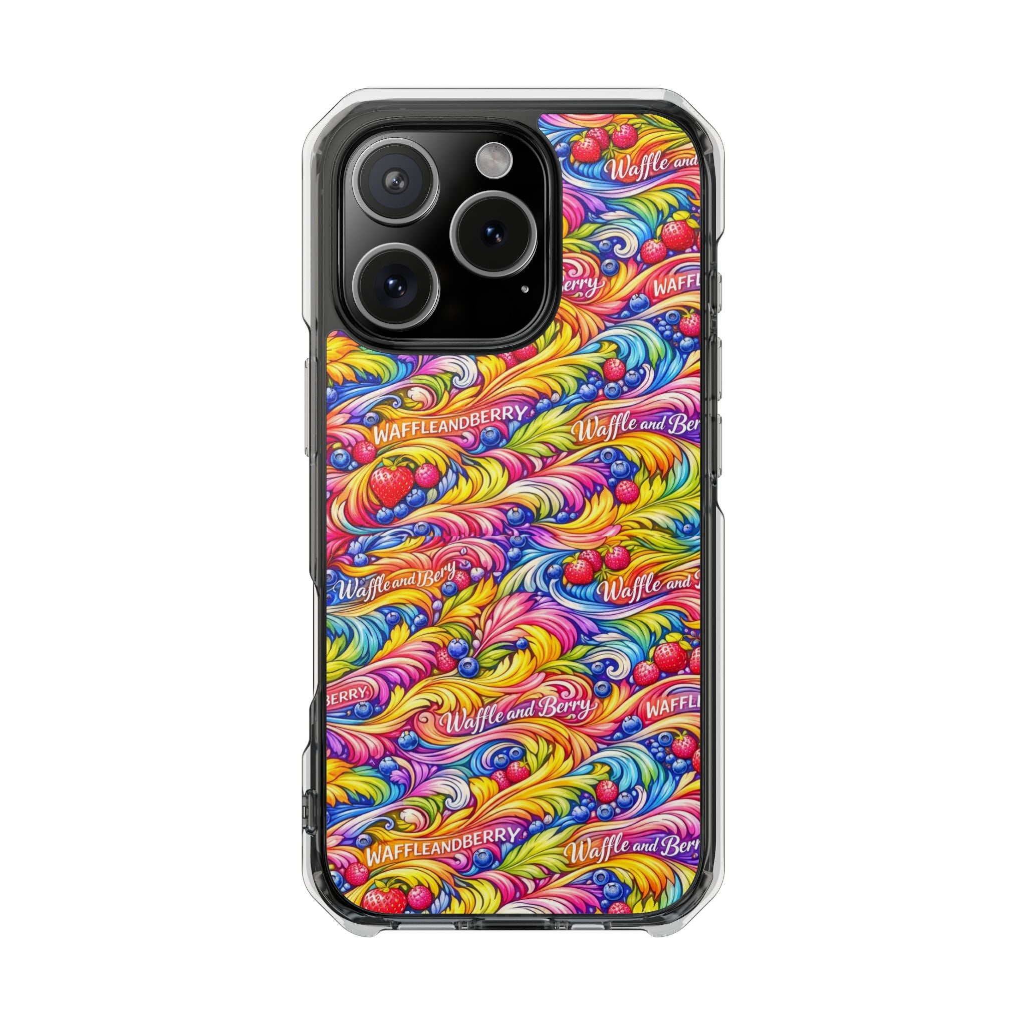 Clear Magnetic Phone Case — Bright Rainbow Swirl Design (Waffle and Berry text)