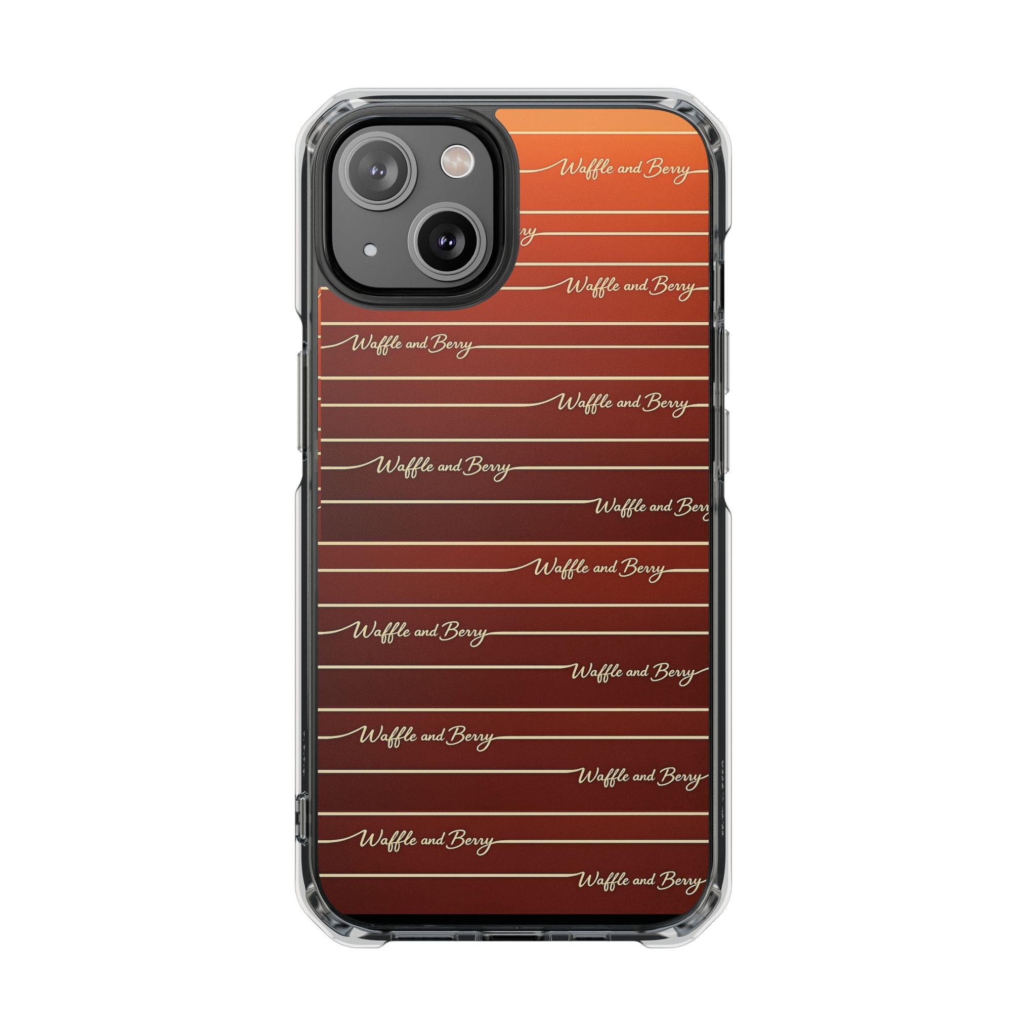 Clear Magnetic Phone Case — Striped Brown Gradient with "Waffles and Brgrs" Script