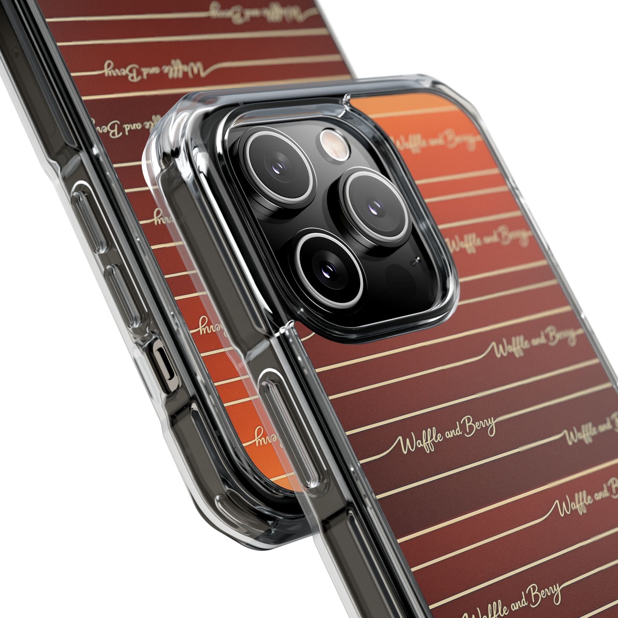 Clear Magnetic Phone Case — Striped Brown Gradient with "Waffles and Brgrs" Script