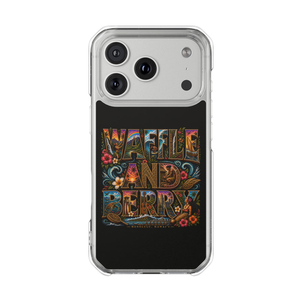 Clear Magnetic Phone Case — Bright Rainbow Swirl Design (Waffle and Berry text)