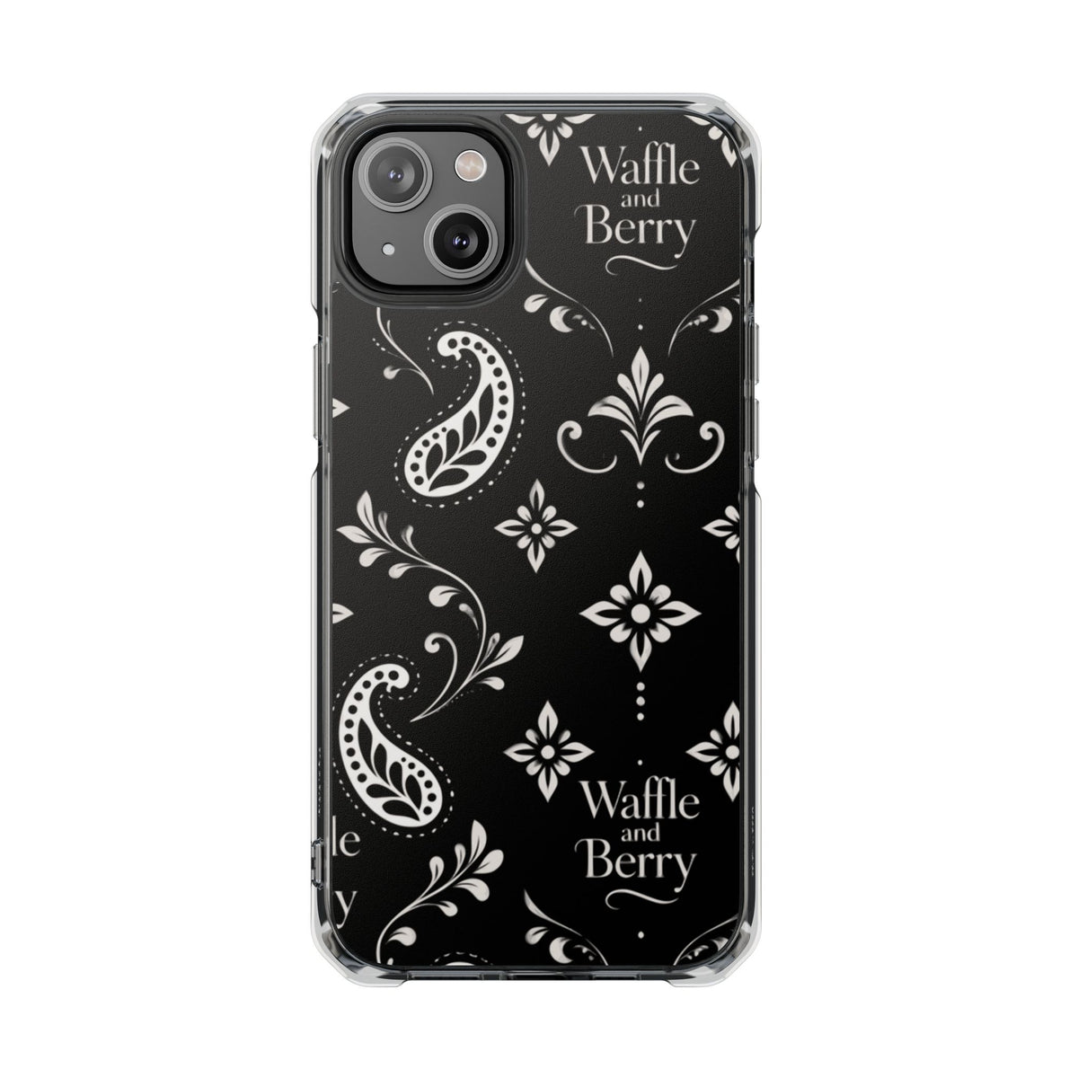 Paisley Clear Magnetic Phone Case — Bright Rainbow Swirl Design (Waffle and Berry text)