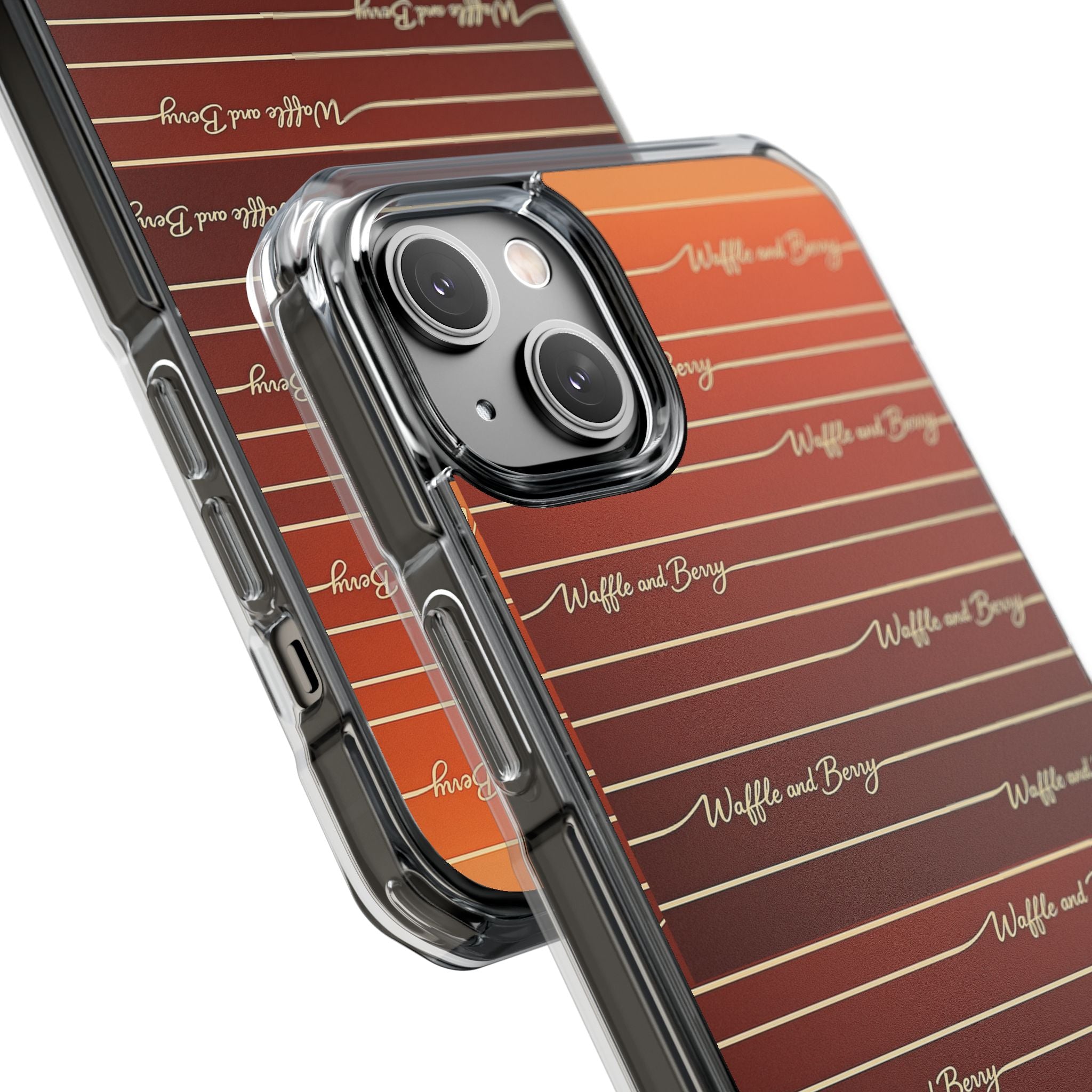 Clear Magnetic Phone Case — Striped Brown Gradient with "Waffles and Brgrs" Script