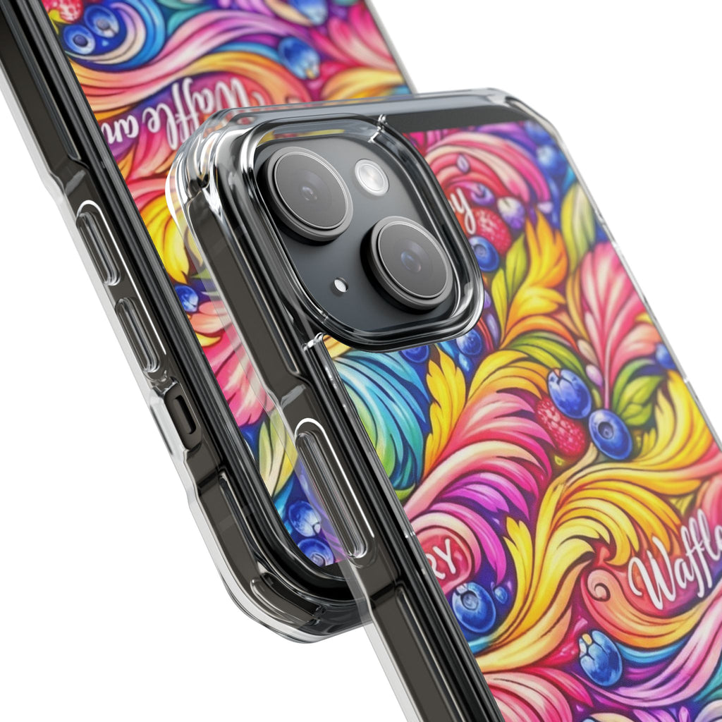 Splash Berry Clear Magnetic Phone Case — Bright Rainbow Swirl Design (Waffle and Berry text)