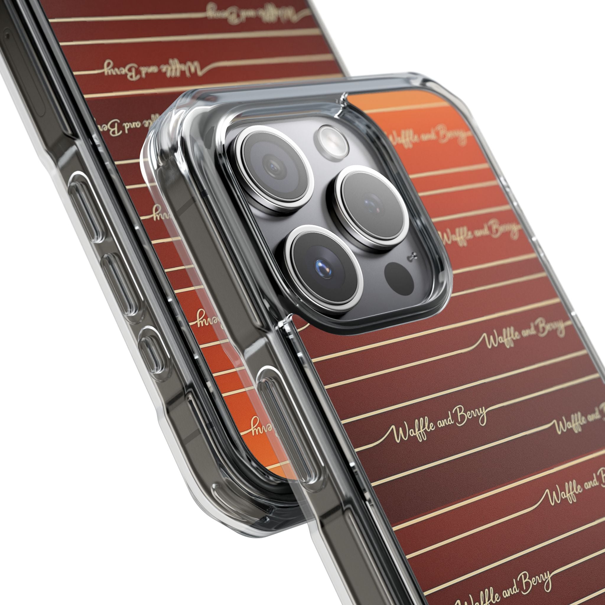 Clear Magnetic Phone Case — Striped Brown Gradient with "Waffles and Brgrs" Script