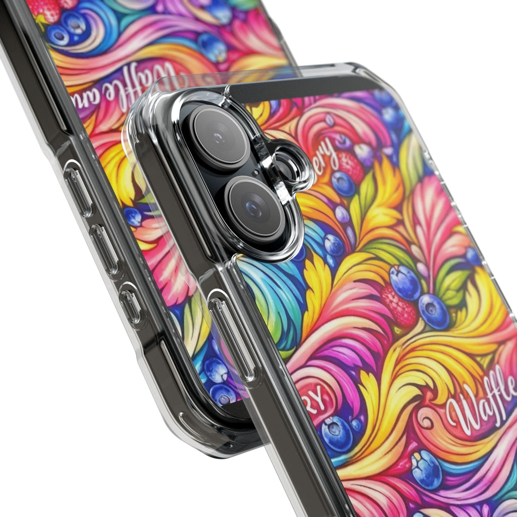 Splash Berry Clear Magnetic Phone Case — Bright Rainbow Swirl Design (Waffle and Berry text)