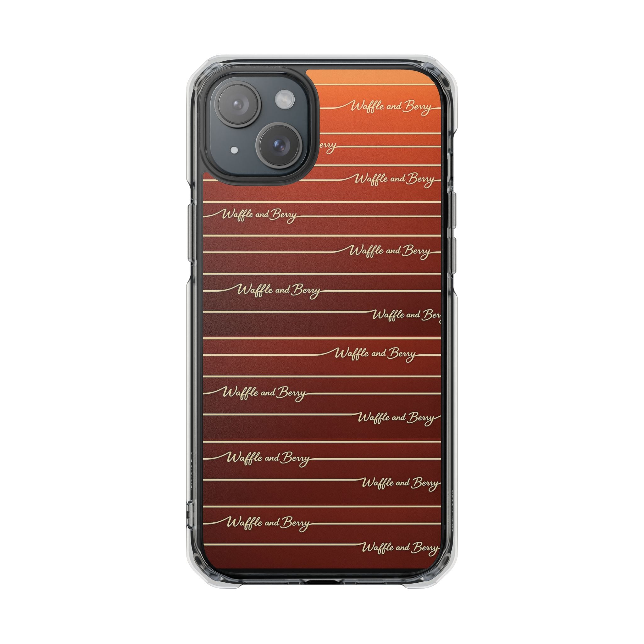 Clear Magnetic Phone Case — Striped Brown Gradient with "Waffles and Brgrs" Script