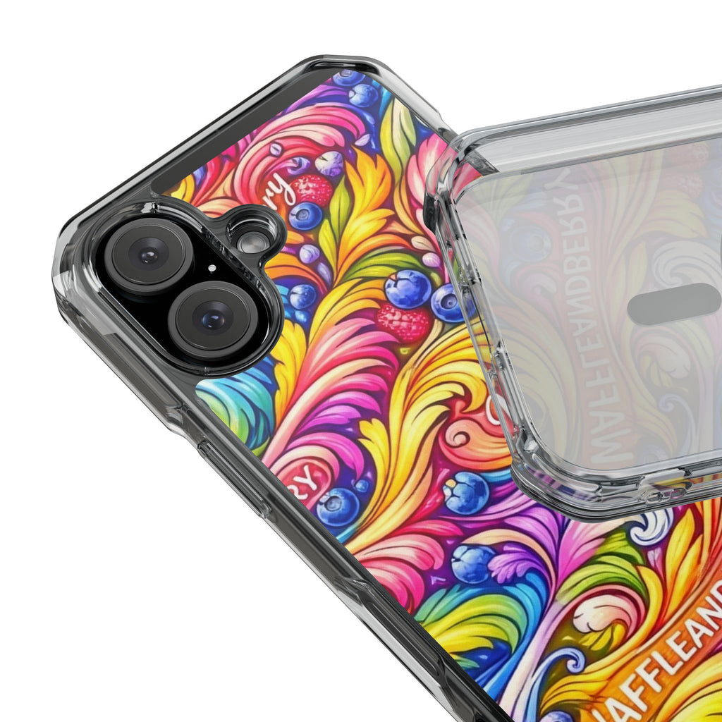 Splash Berry Clear Magnetic Phone Case — Bright Rainbow Swirl Design (Waffle and Berry text)