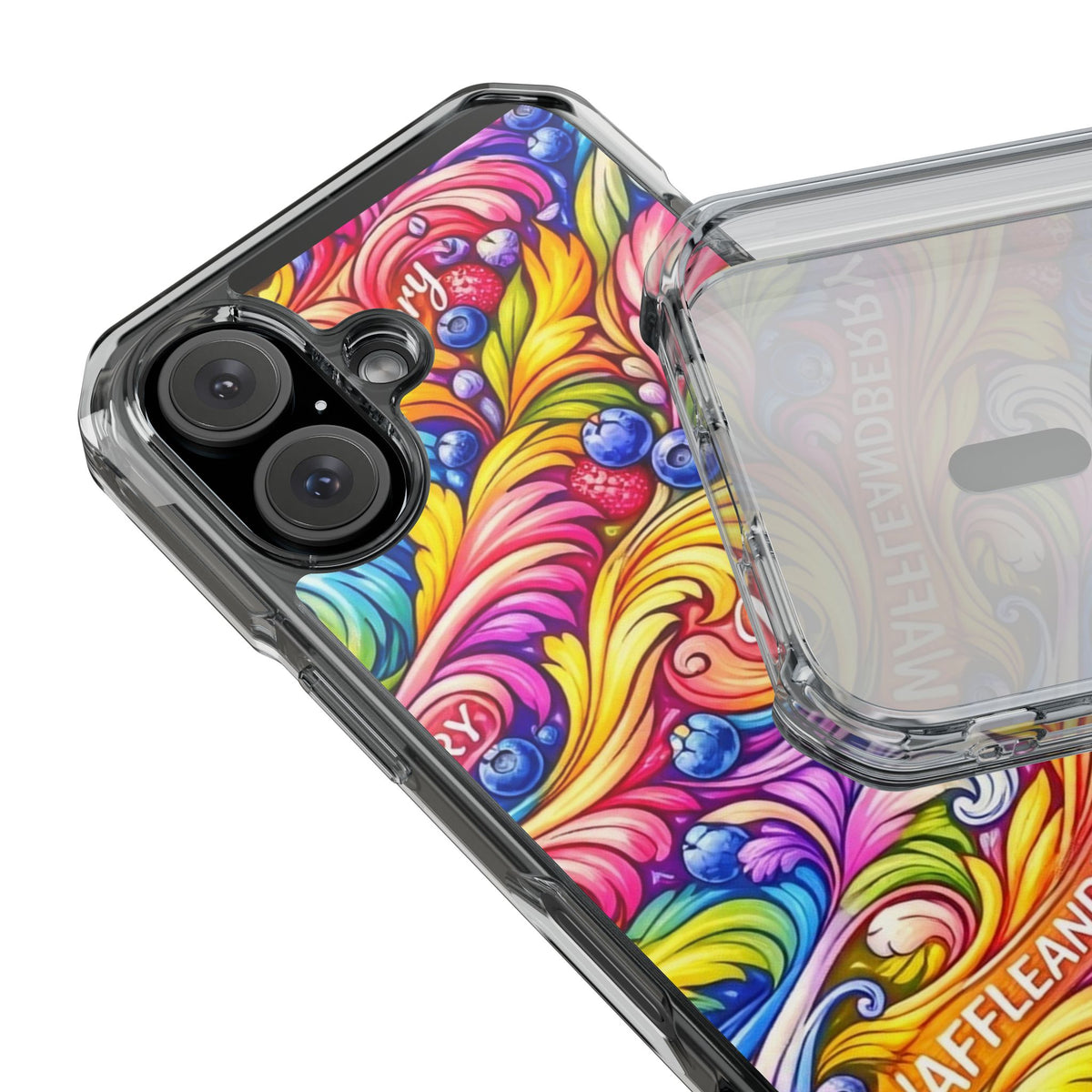 Splash Berry Clear Magnetic Phone Case — Bright Rainbow Swirl Design (Waffle and Berry text)