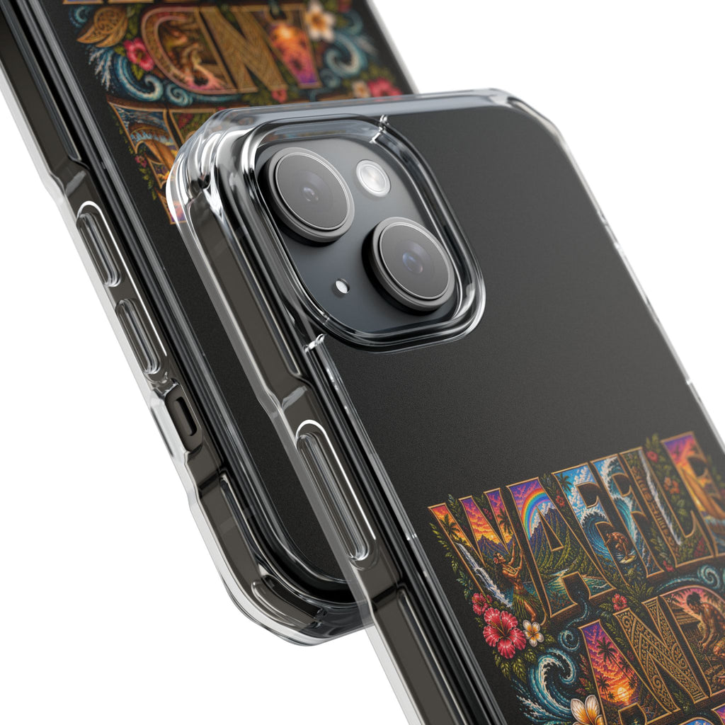 Clear Magnetic Phone Case — Bright Rainbow Swirl Design (Waffle and Berry text)