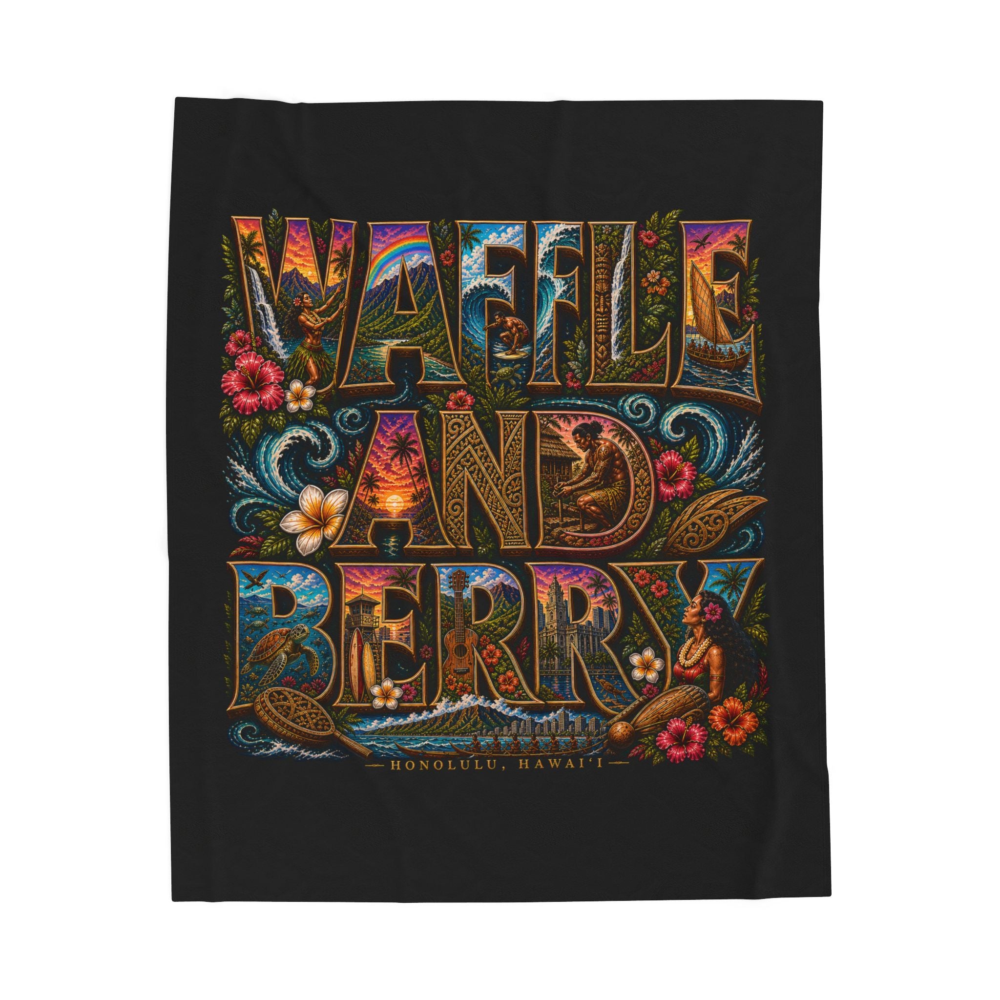 Velveteen Plush Blanket - 'Waffle and Berry' Tropical Floral Cozy Throw
