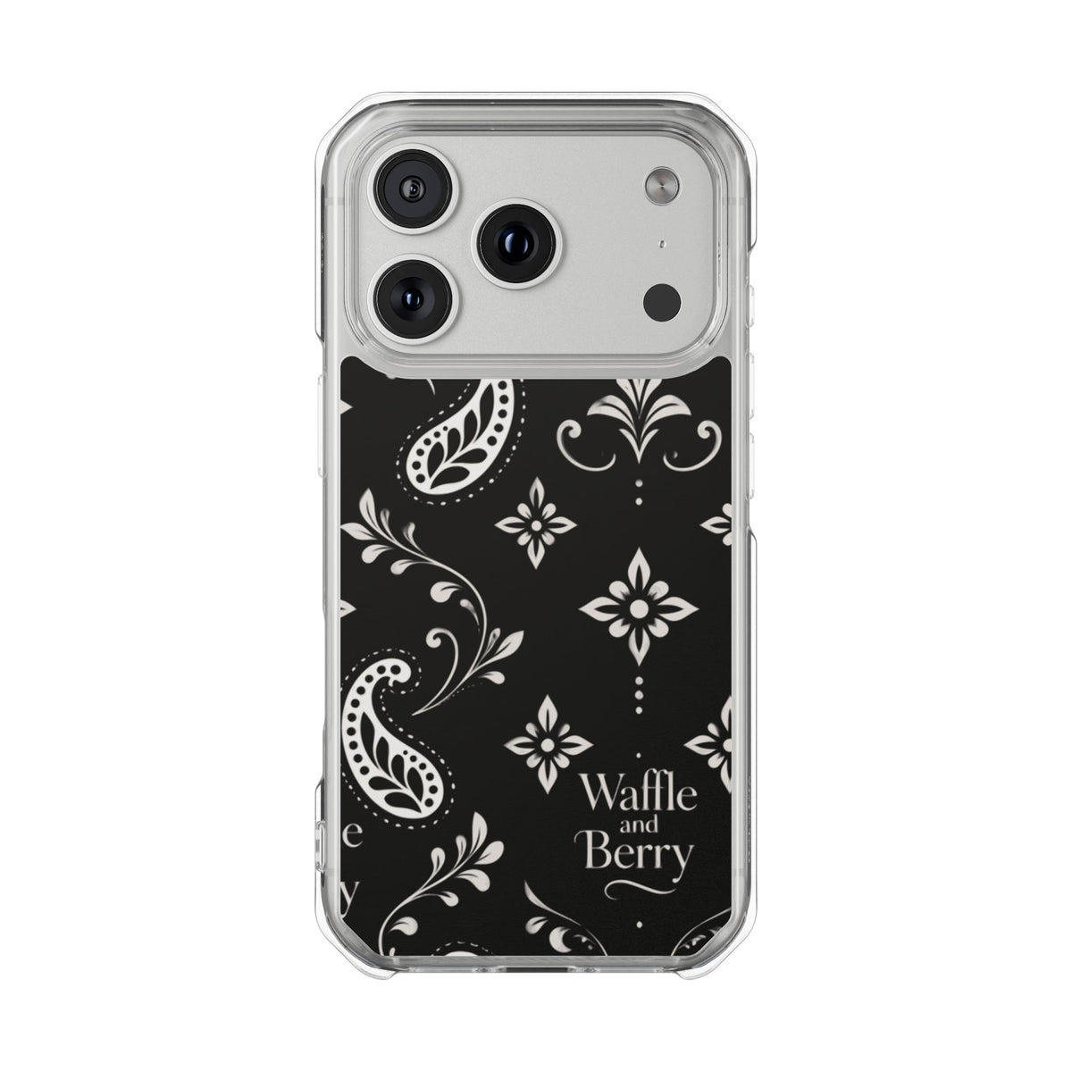 Paisley Clear Magnetic Phone Case — Bright Rainbow Swirl Design (Waffle and Berry text)