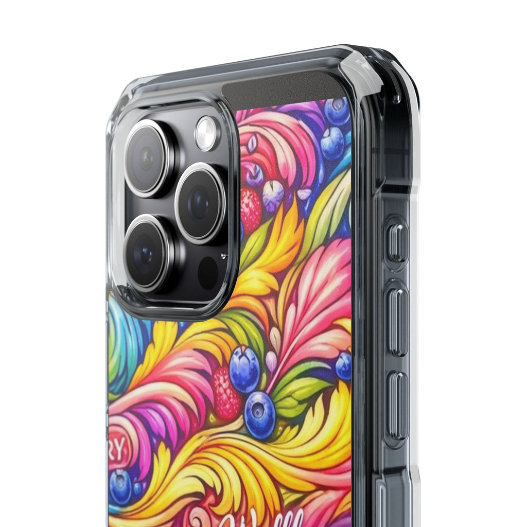 Splash Berry Clear Magnetic Phone Case — Bright Rainbow Swirl Design (Waffle and Berry text)
