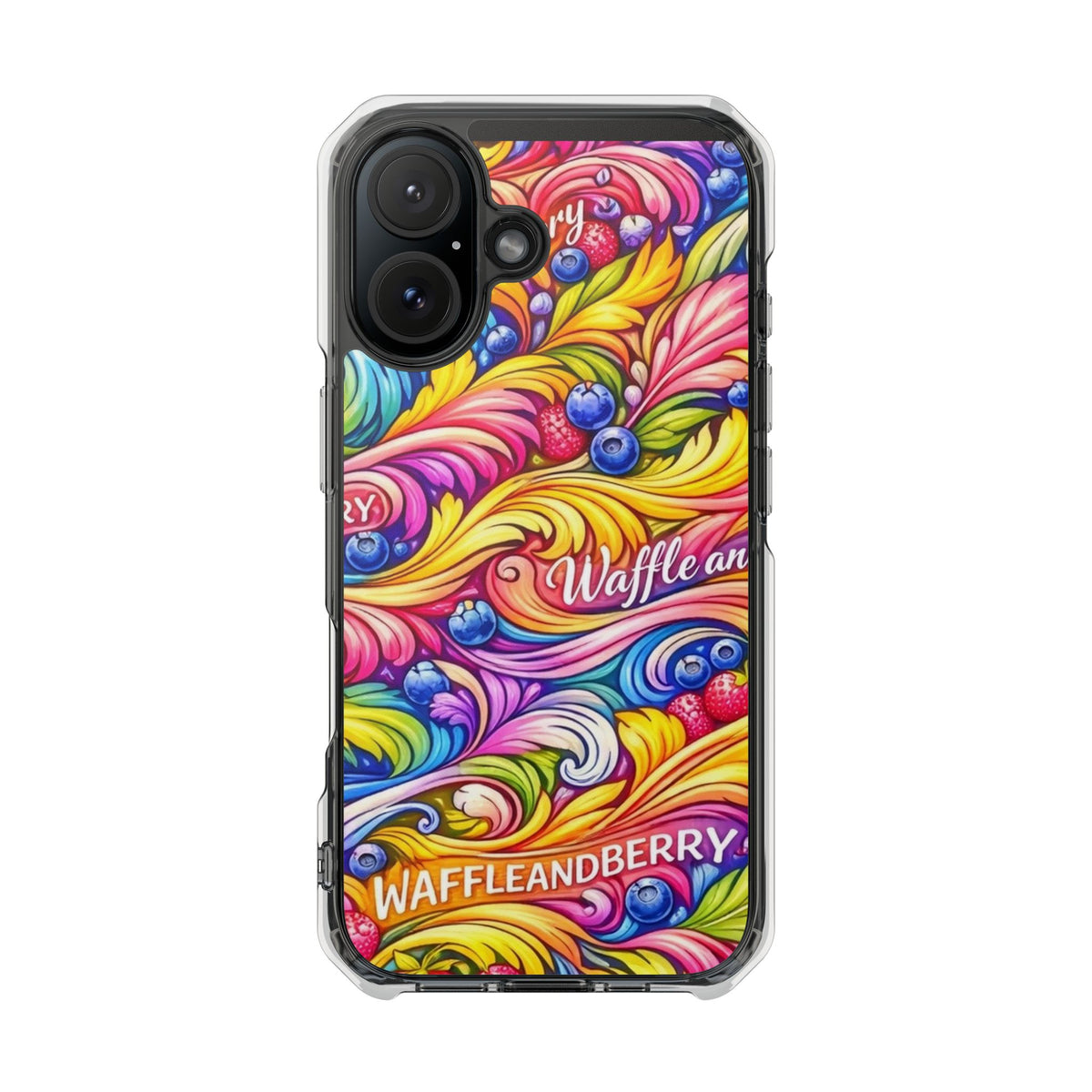 Splash Berry Clear Magnetic Phone Case — Bright Rainbow Swirl Design (Waffle and Berry text)