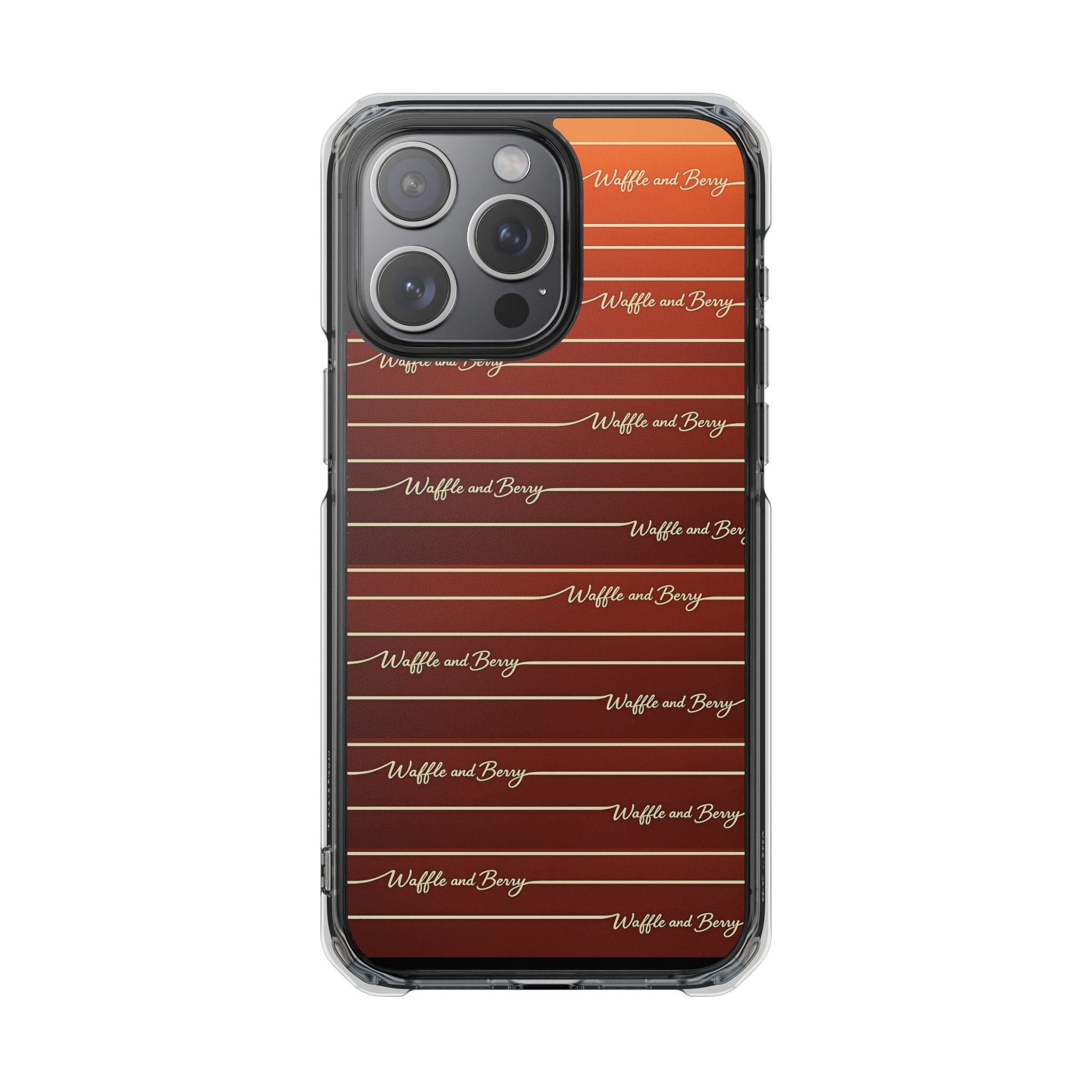 Clear Magnetic Phone Case — Striped Brown Gradient with "Waffles and Brgrs" Script