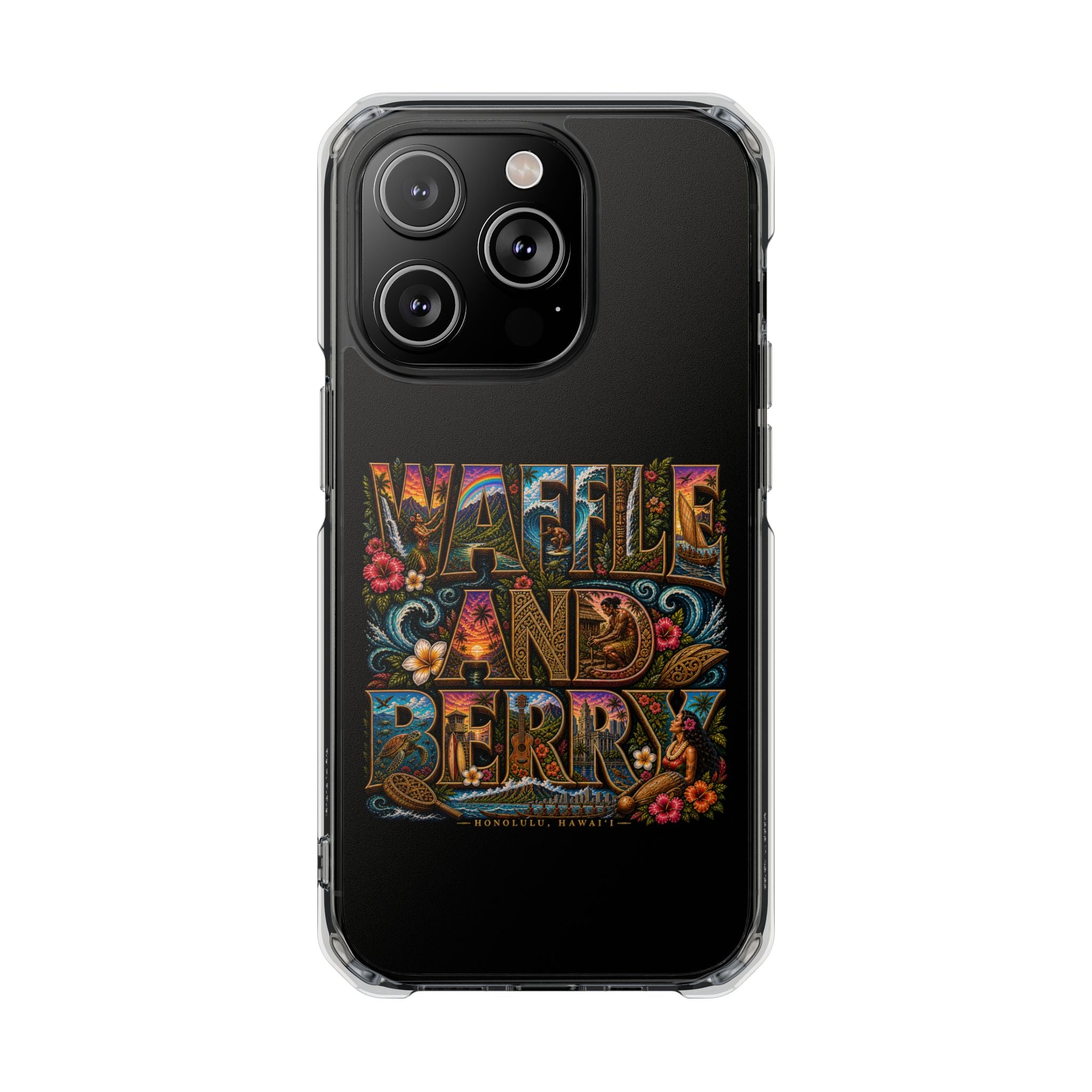 Clear Magnetic Phone Case — Bright Rainbow Swirl Design (Waffle and Berry text)
