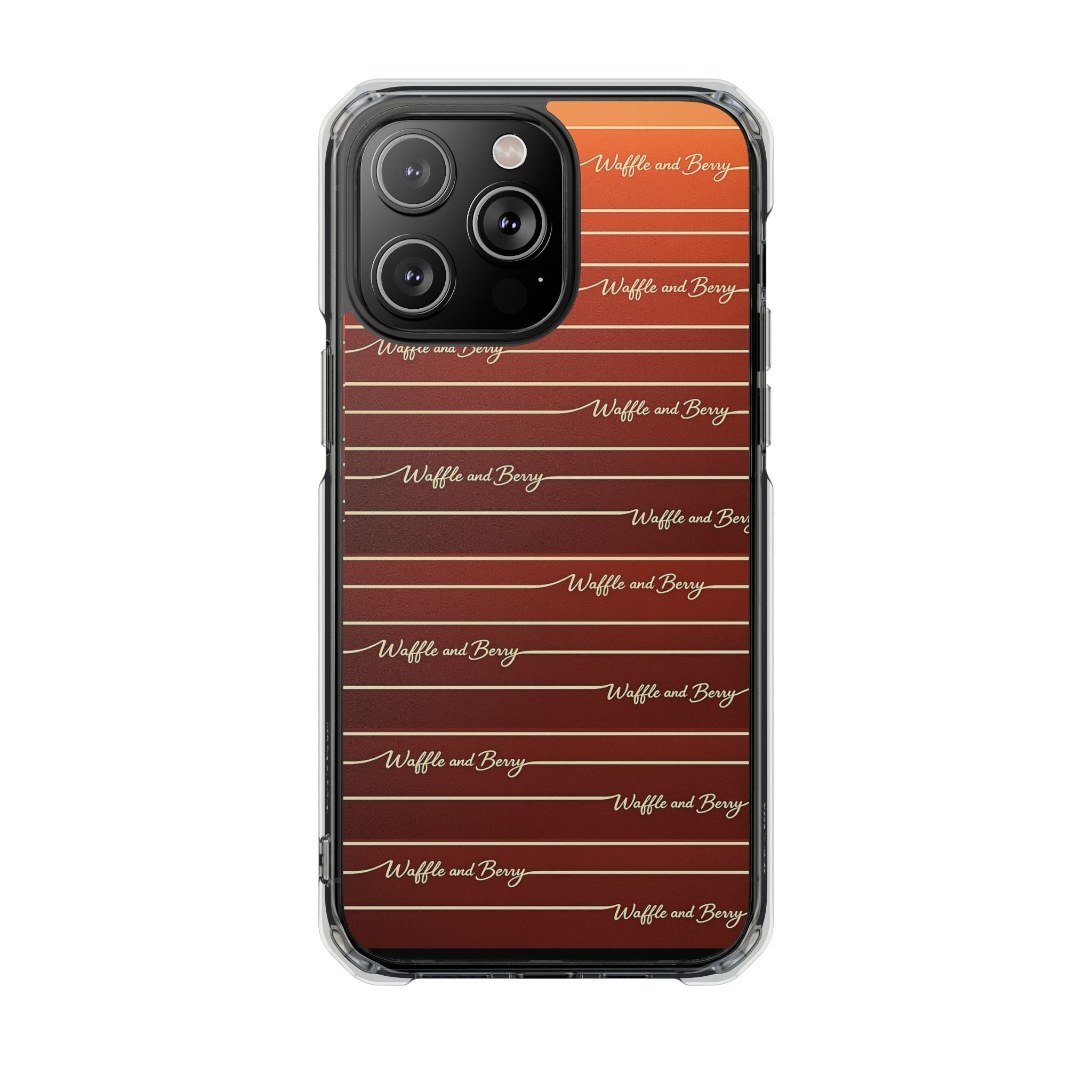 Clear Magnetic Phone Case — Striped Brown Gradient with "Waffles and Brgrs" Script