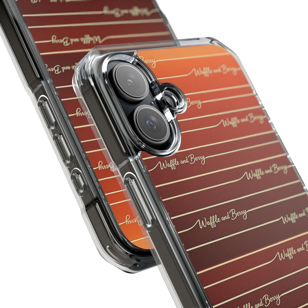 Clear Magnetic Phone Case — Striped Brown Gradient with "Waffles and Brgrs" Script