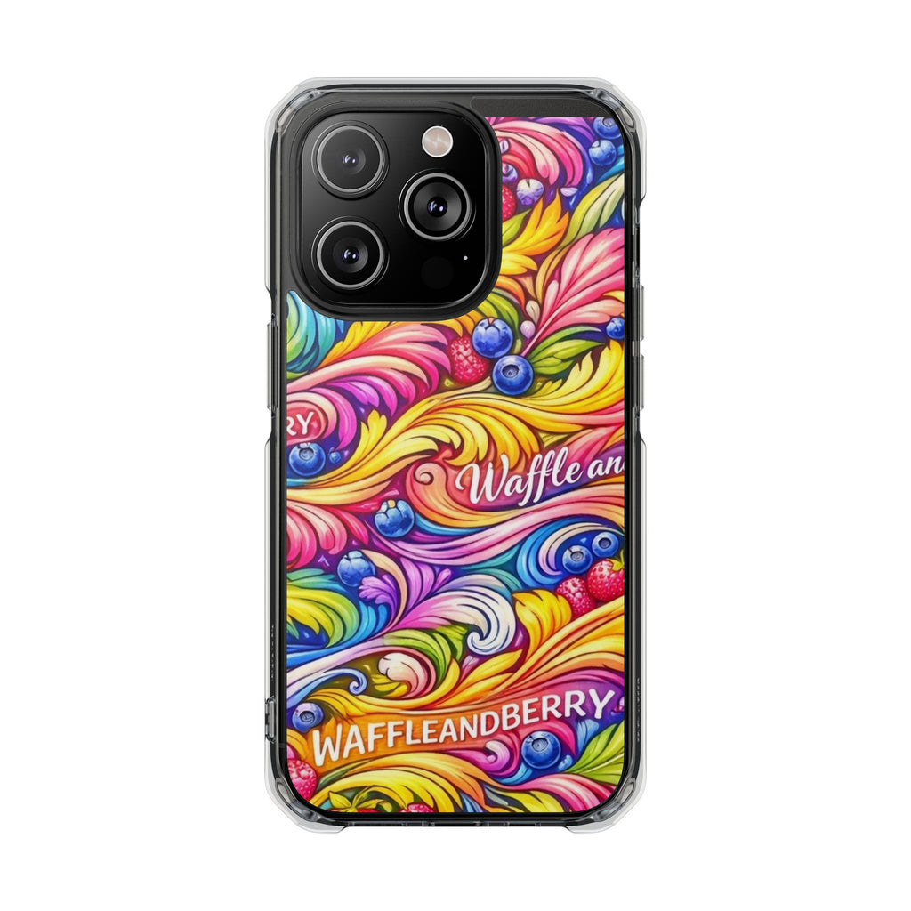 Splash Berry Clear Magnetic Phone Case — Bright Rainbow Swirl Design (Waffle and Berry text)