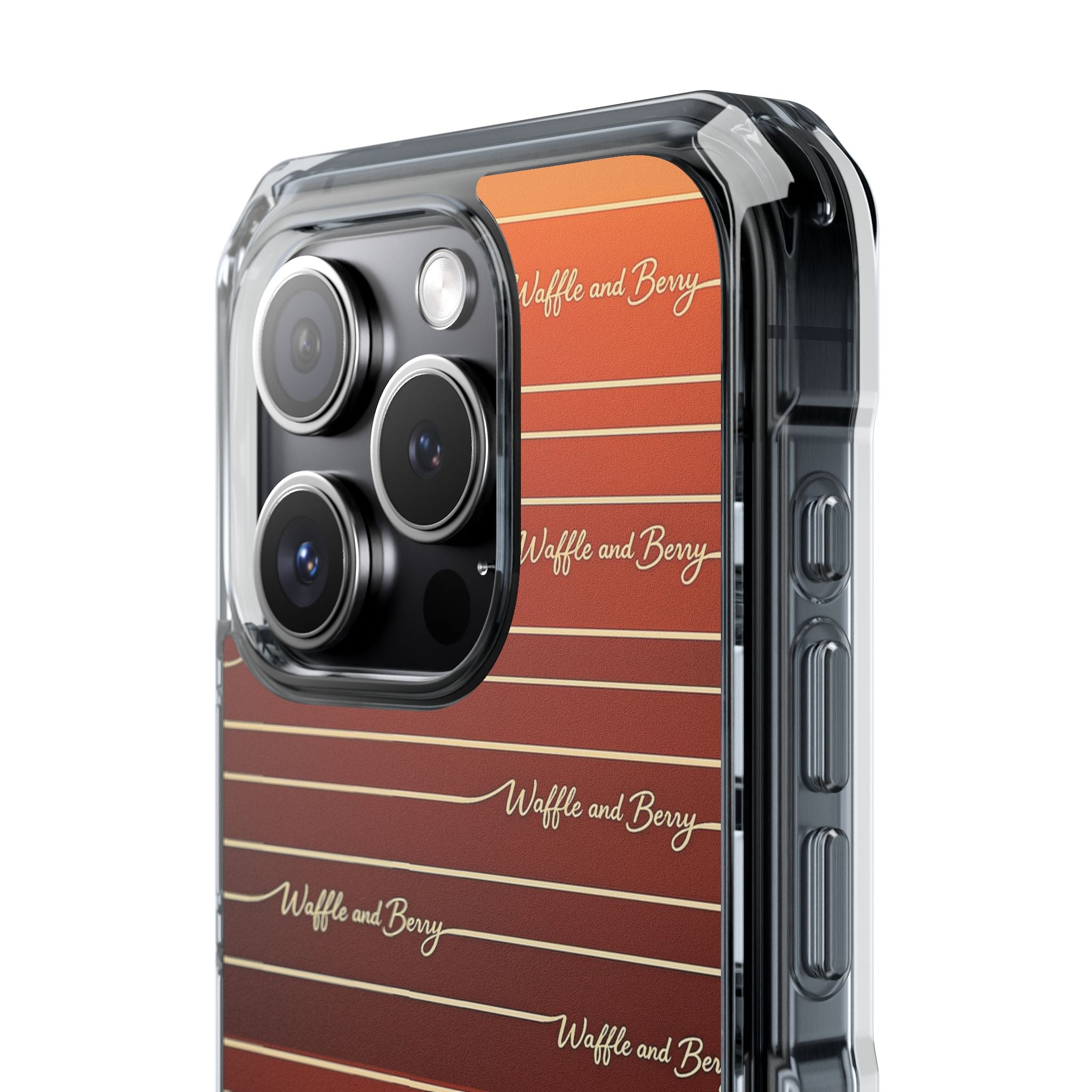 Clear Magnetic Phone Case — Striped Brown Gradient with "Waffles and Brgrs" Script
