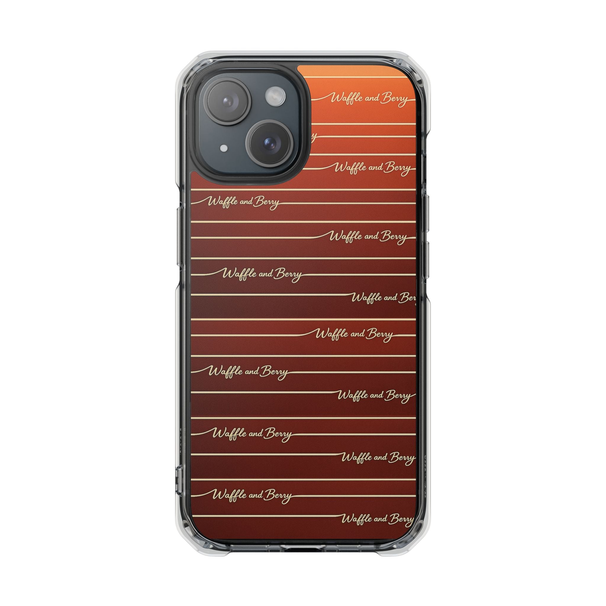Clear Magnetic Phone Case — Striped Brown Gradient with "Waffles and Brgrs" Script