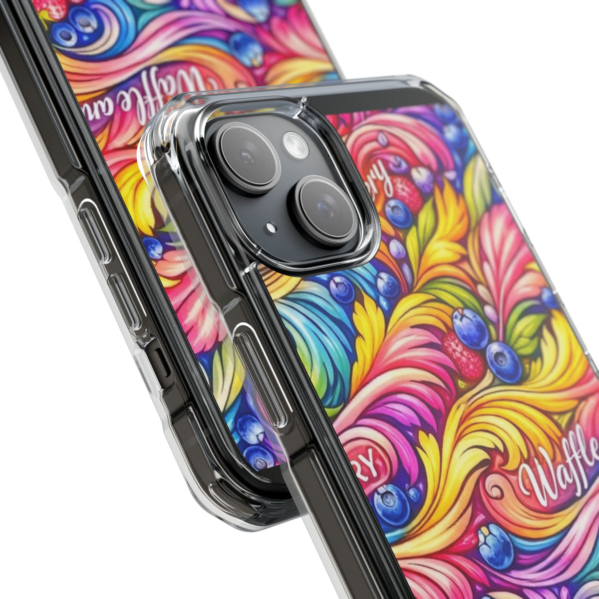 Splash Berry Clear Magnetic Phone Case — Bright Rainbow Swirl Design (Waffle and Berry text)