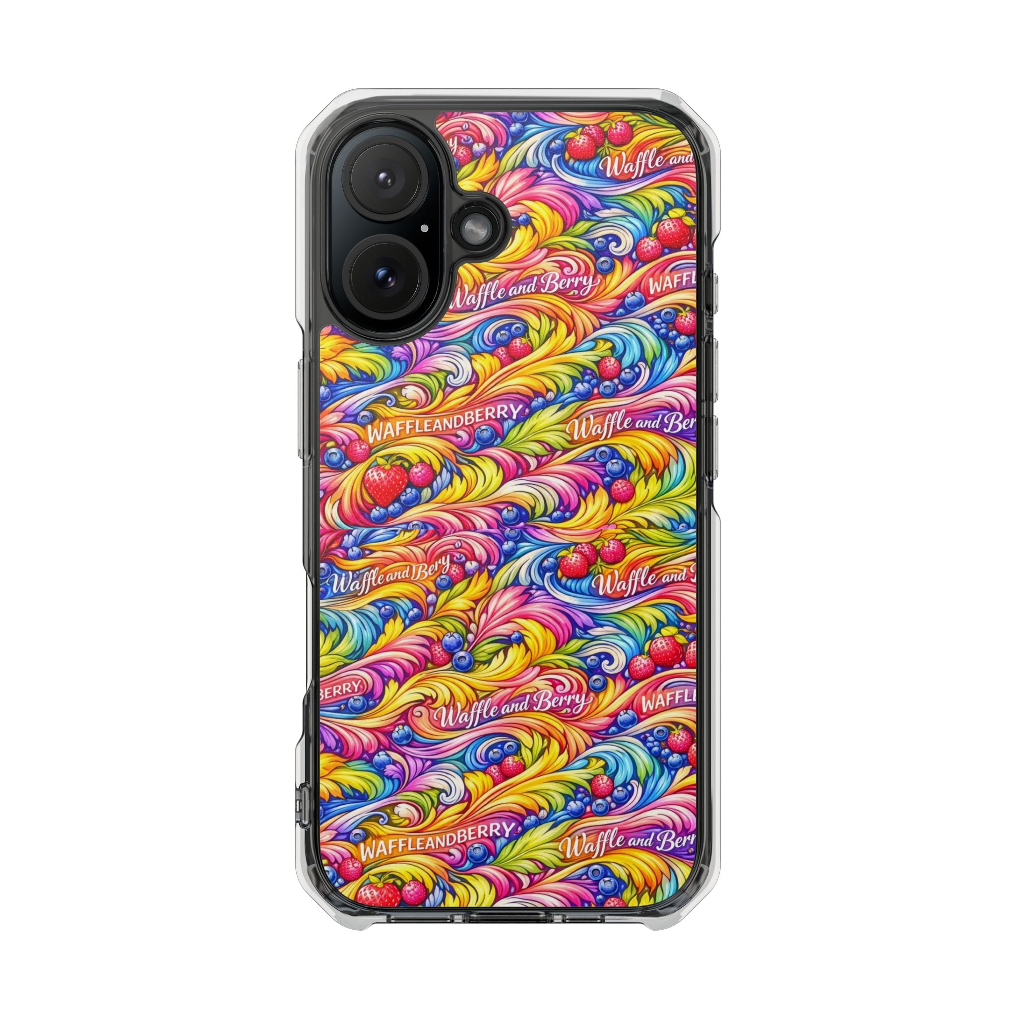 Clear Magnetic Phone Case — Bright Rainbow Swirl Design (Waffle and Berry text)