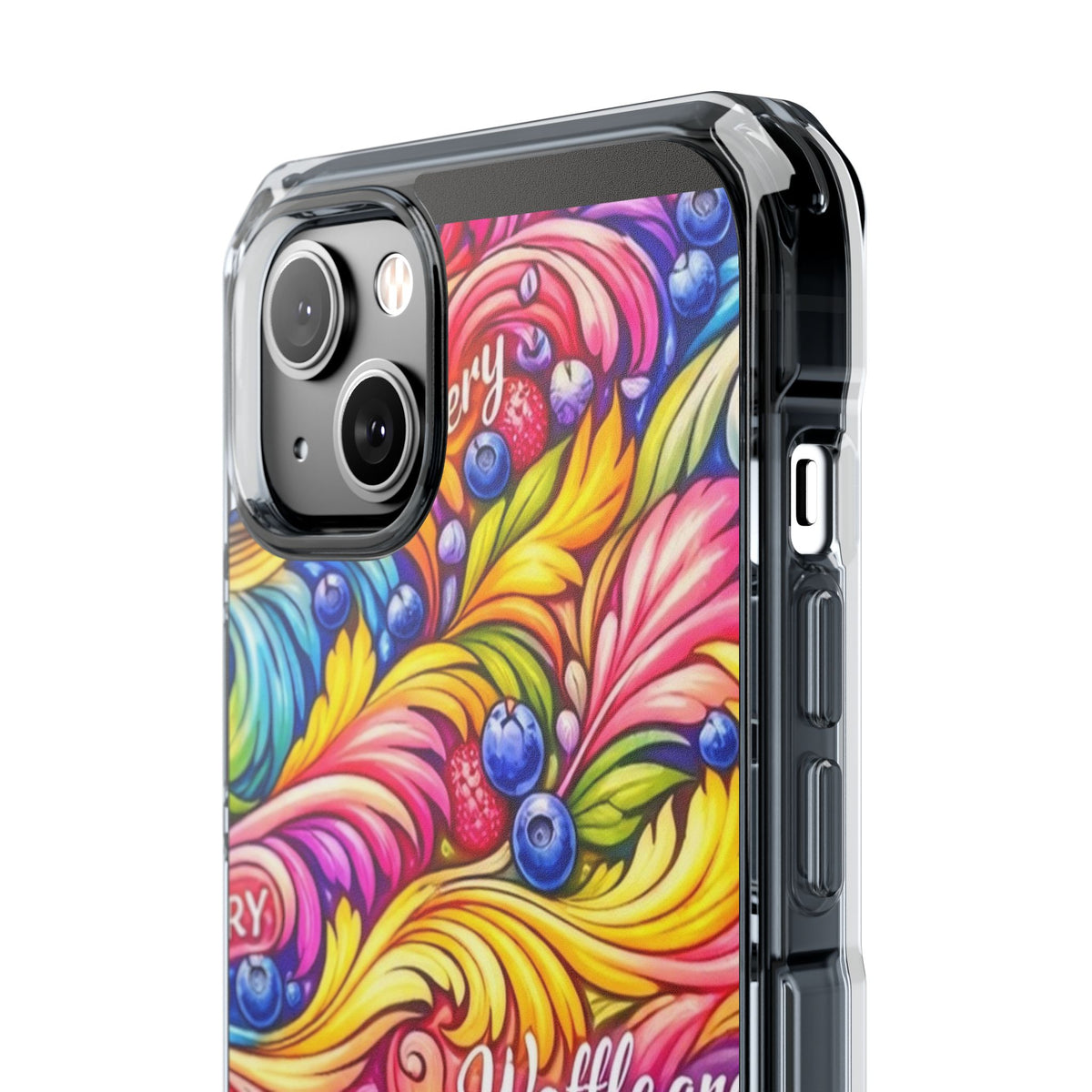 Splash Berry Clear Magnetic Phone Case — Bright Rainbow Swirl Design (Waffle and Berry text)