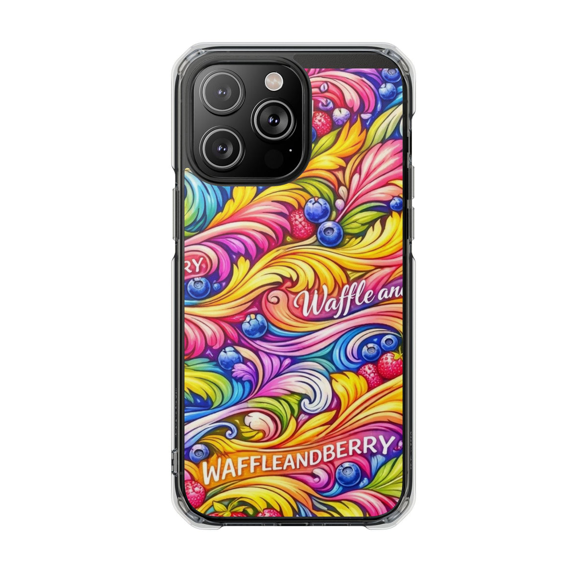 Splash Berry Clear Magnetic Phone Case — Bright Rainbow Swirl Design (Waffle and Berry text)
