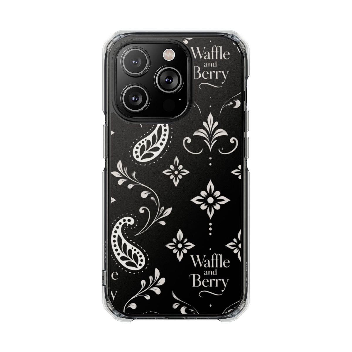 Paisley Clear Magnetic Phone Case — Bright Rainbow Swirl Design (Waffle and Berry text)