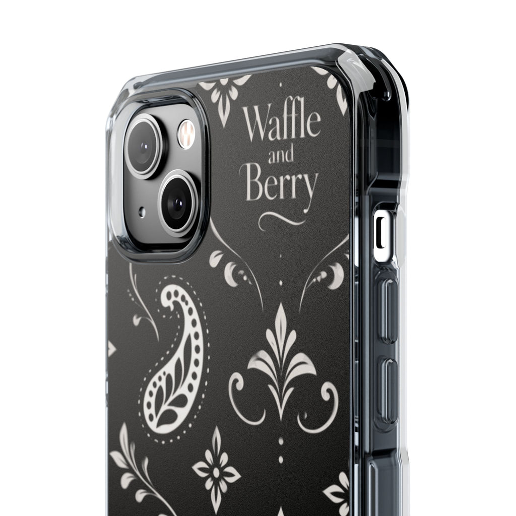 Paisley Clear Magnetic Phone Case — Bright Rainbow Swirl Design (Waffle and Berry text)
