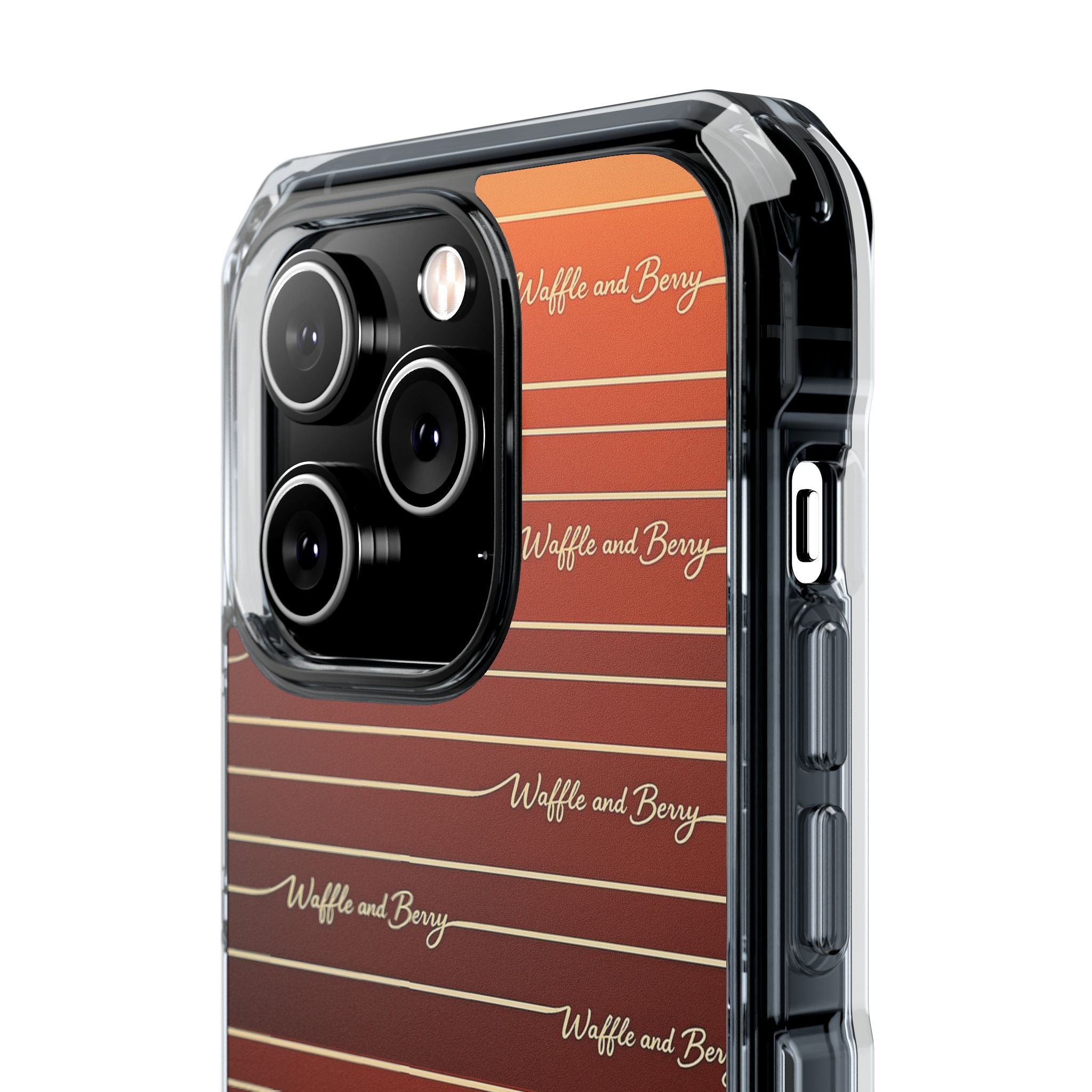 Clear Magnetic Phone Case — Striped Brown Gradient with "Waffles and Brgrs" Script