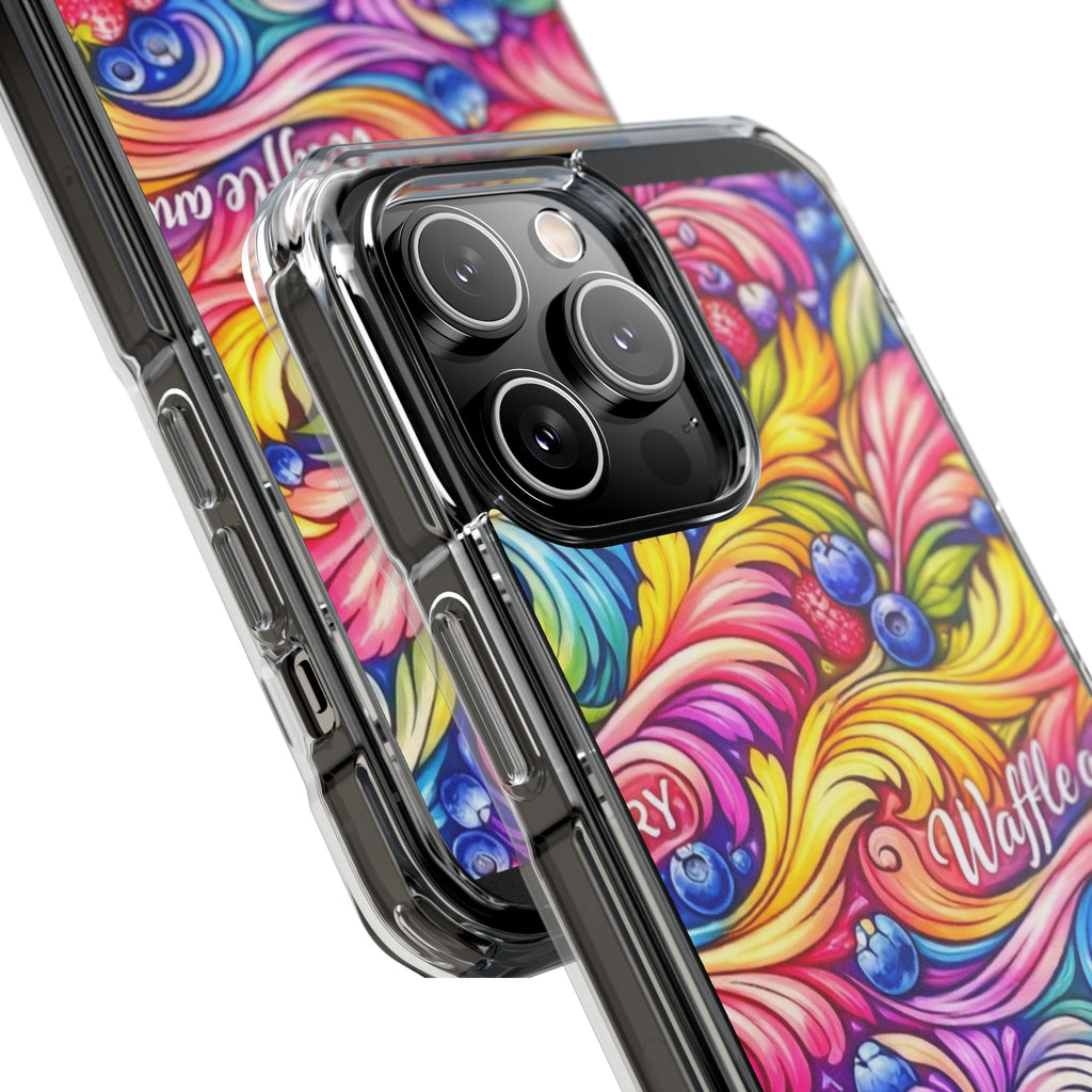 Splash Berry Clear Magnetic Phone Case — Bright Rainbow Swirl Design (Waffle and Berry text)