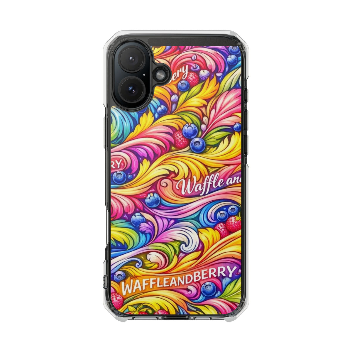 Splash Berry Clear Magnetic Phone Case — Bright Rainbow Swirl Design (Waffle and Berry text)
