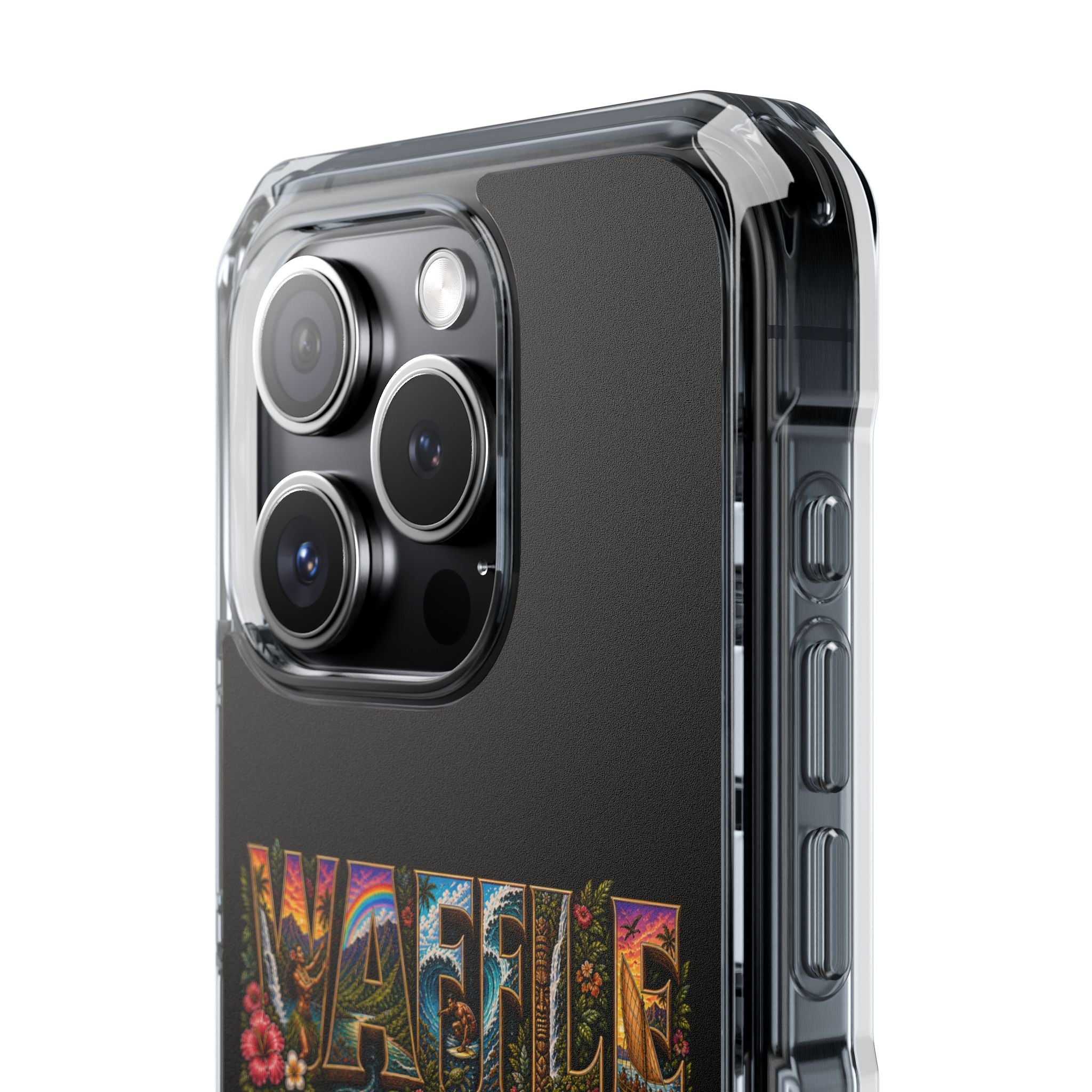 Clear Magnetic Phone Case — Bright Rainbow Swirl Design (Waffle and Berry text)