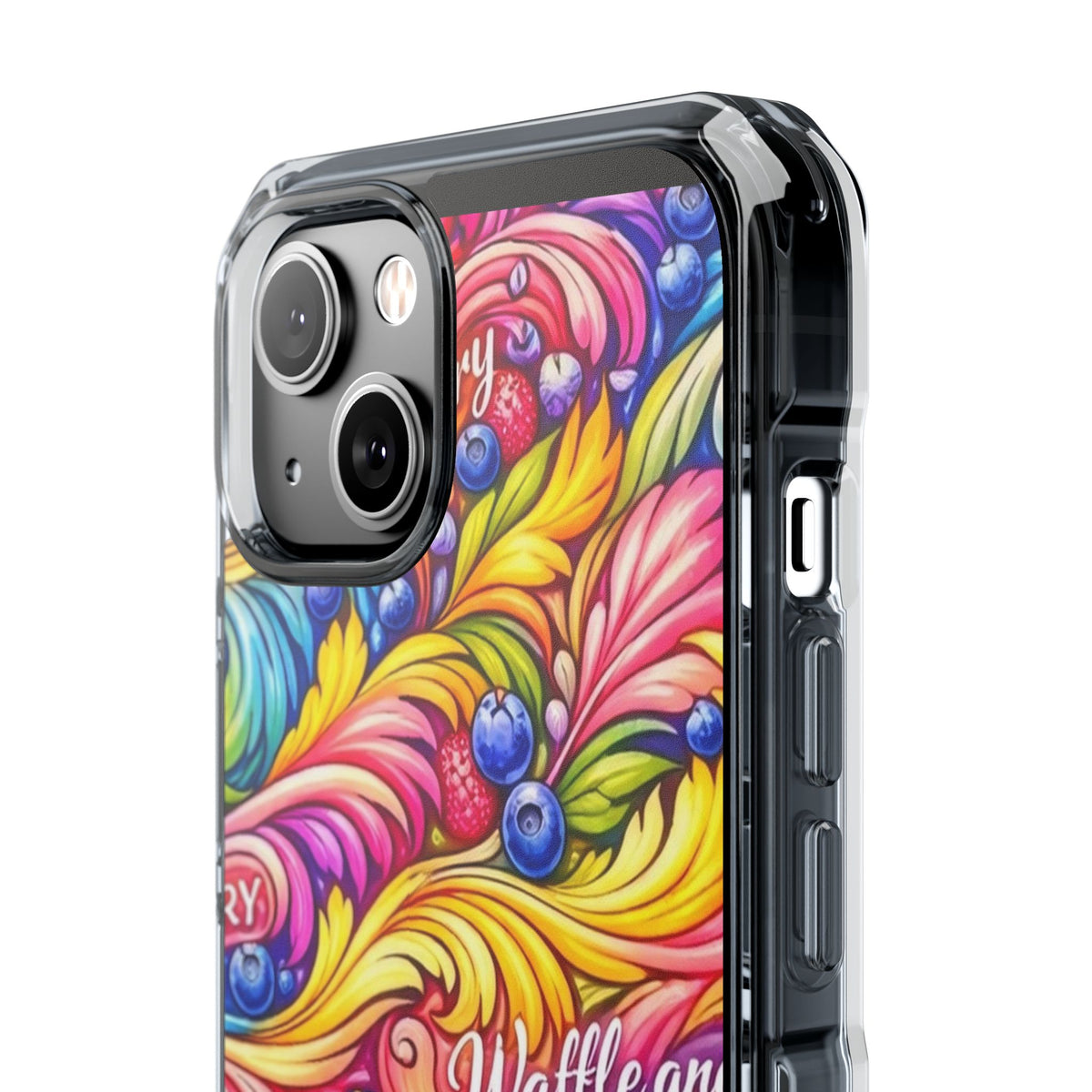 Splash Berry Clear Magnetic Phone Case — Bright Rainbow Swirl Design (Waffle and Berry text)