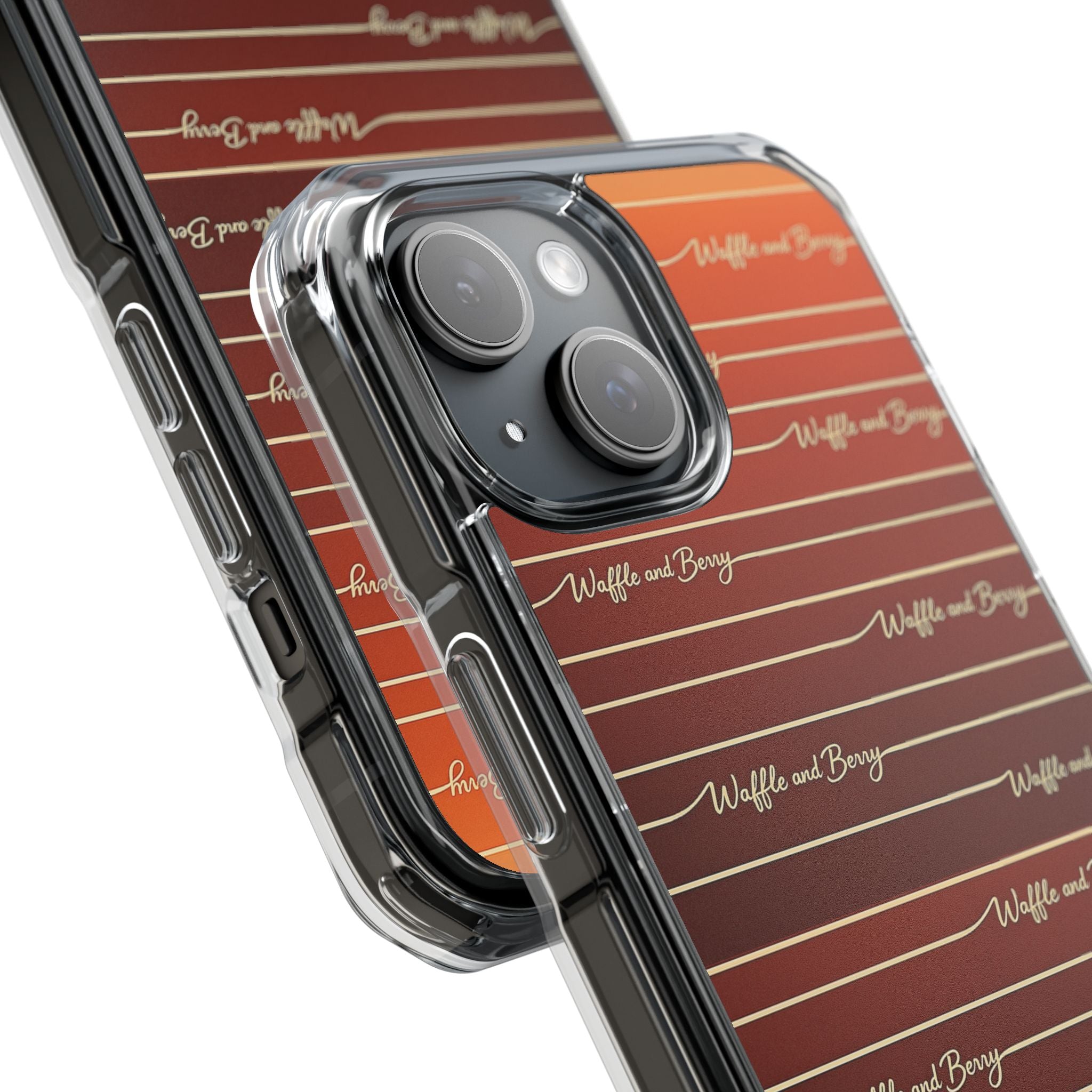 Clear Magnetic Phone Case — Striped Brown Gradient with "Waffles and Brgrs" Script