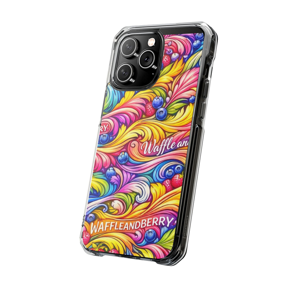 Splash Berry Clear Magnetic Phone Case — Bright Rainbow Swirl Design (Waffle and Berry text)