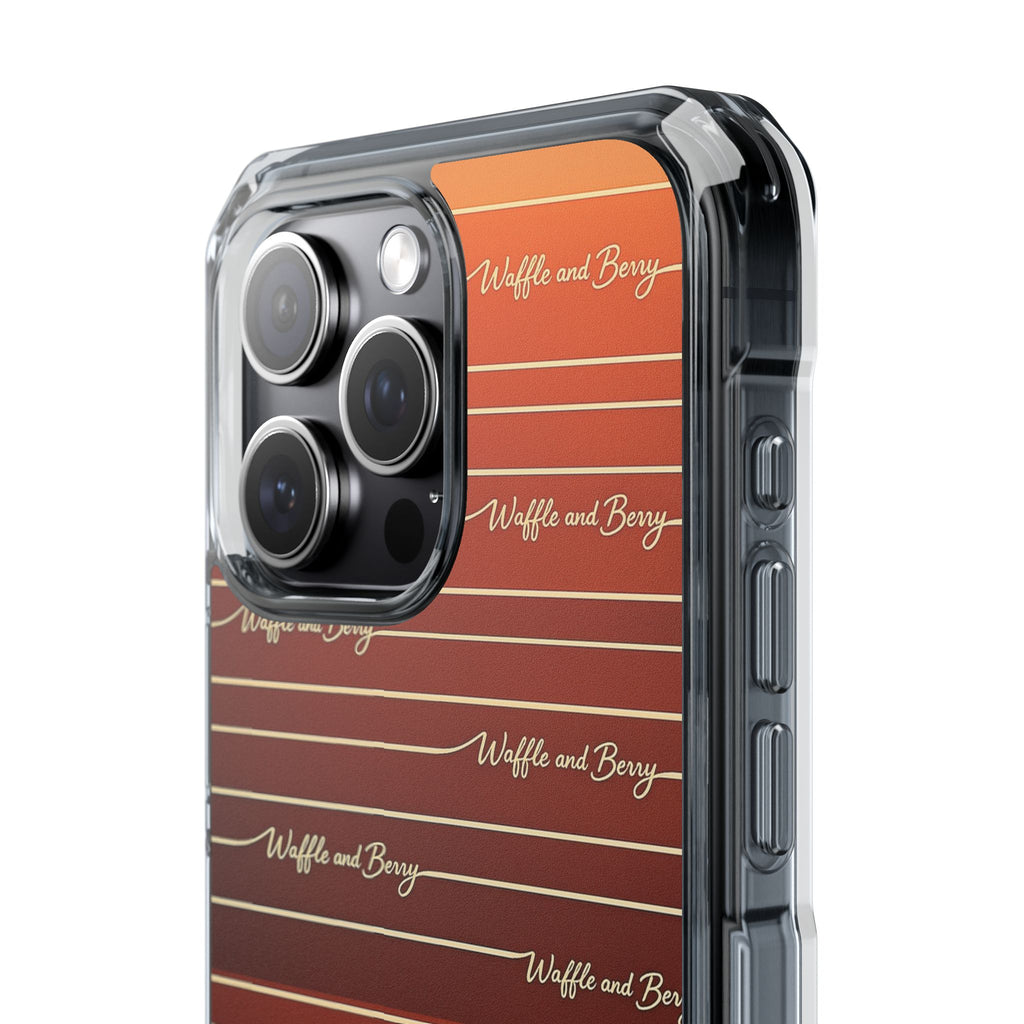 Clear Magnetic Phone Case — Striped Brown Gradient with "Waffles and Brgrs" Script