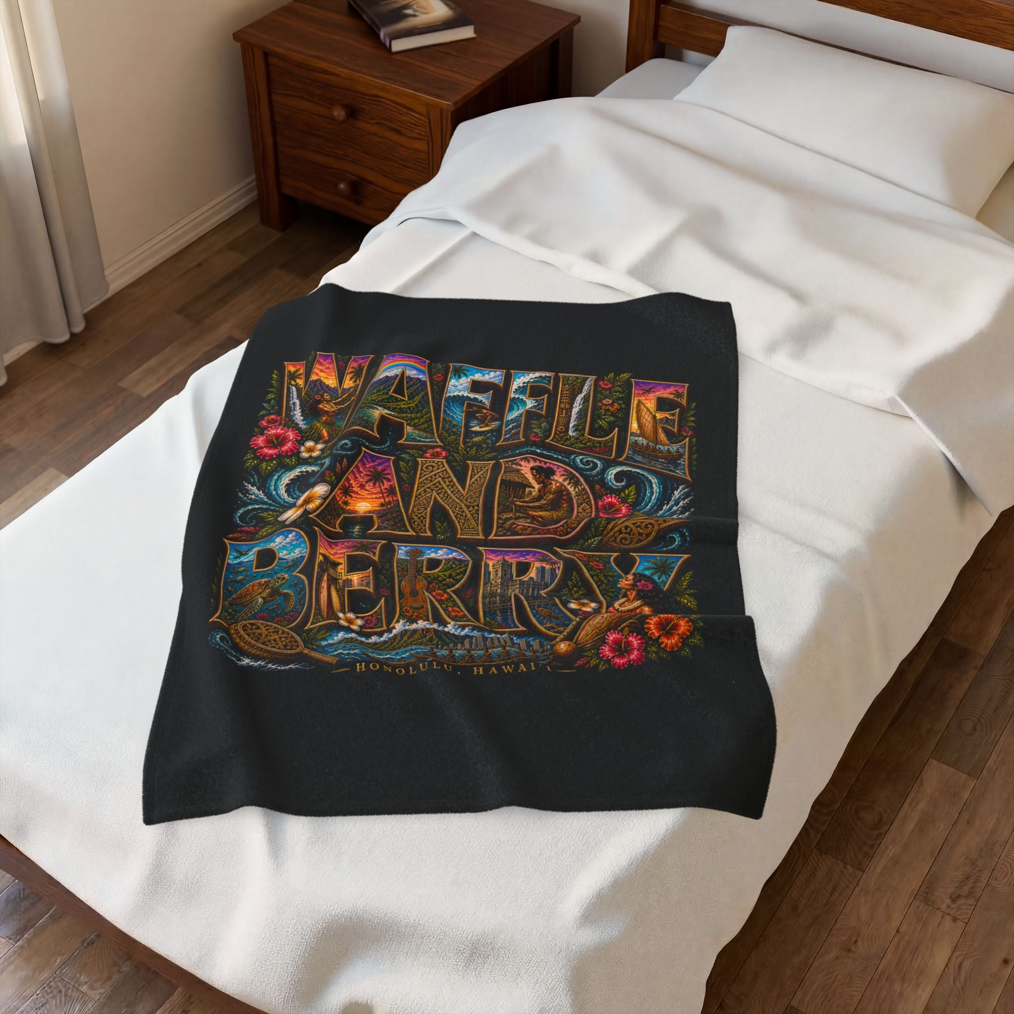 Velveteen Plush Blanket - 'Waffle and Berry' Tropical Floral Cozy Throw
