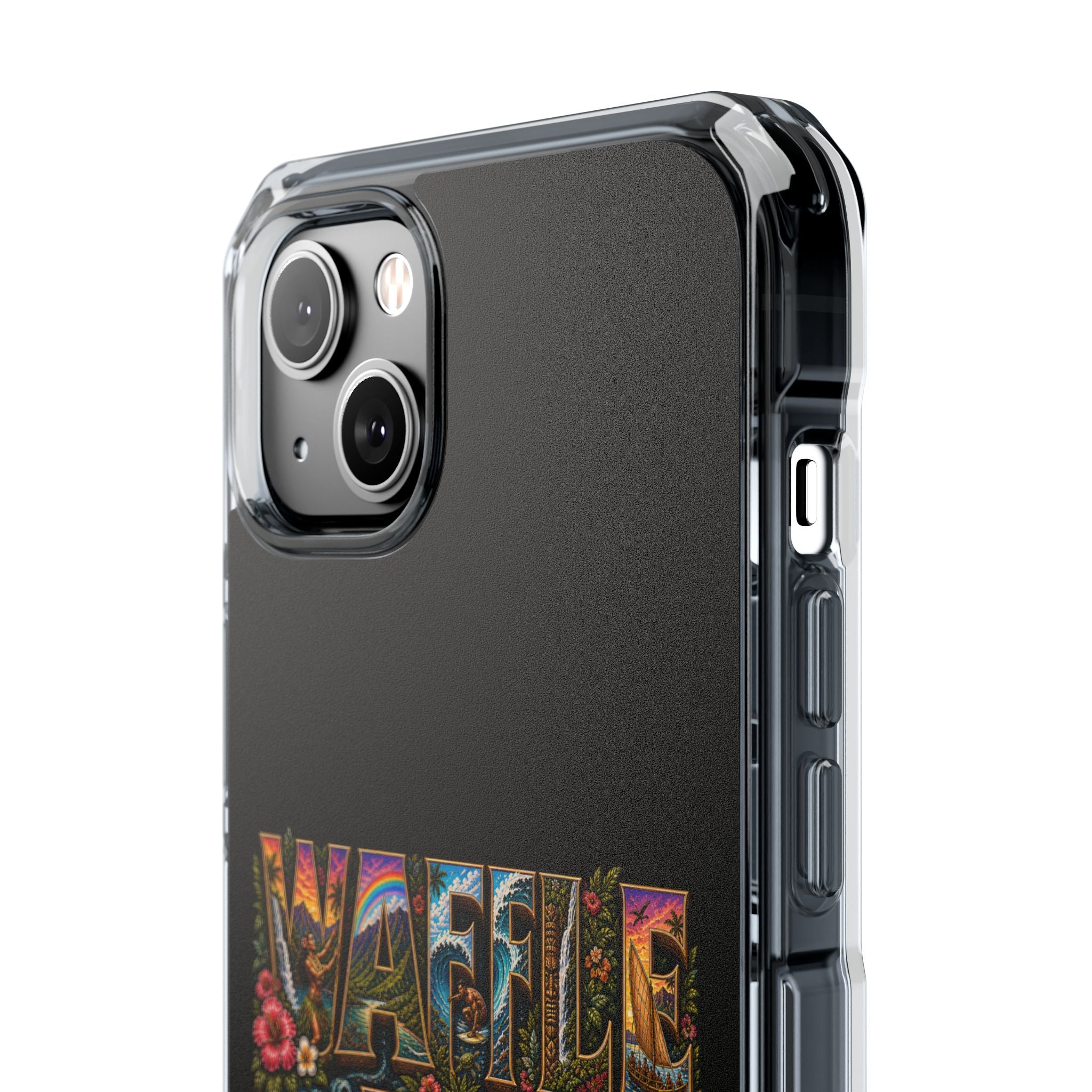 Clear Magnetic Phone Case — Bright Rainbow Swirl Design (Waffle and Berry text)