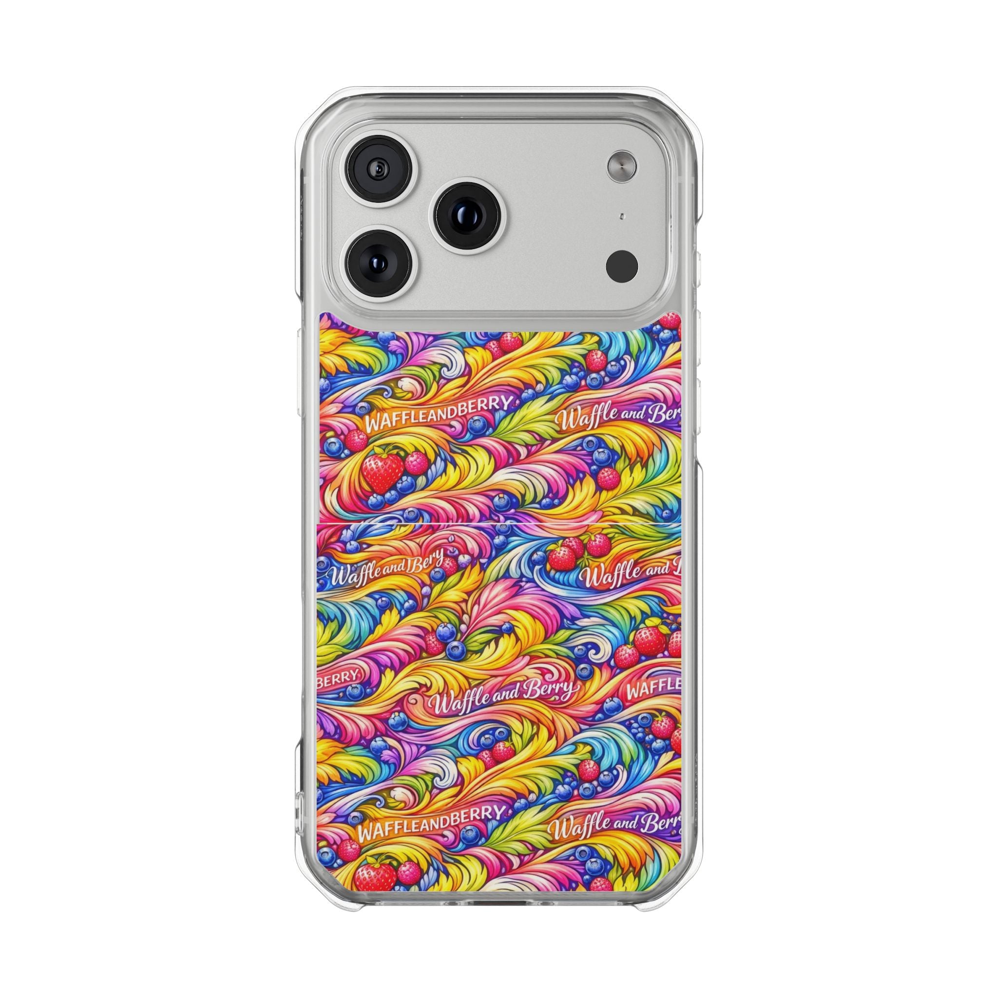 Clear Magnetic Phone Case — Bright Rainbow Swirl Design (Waffle and Berry text)