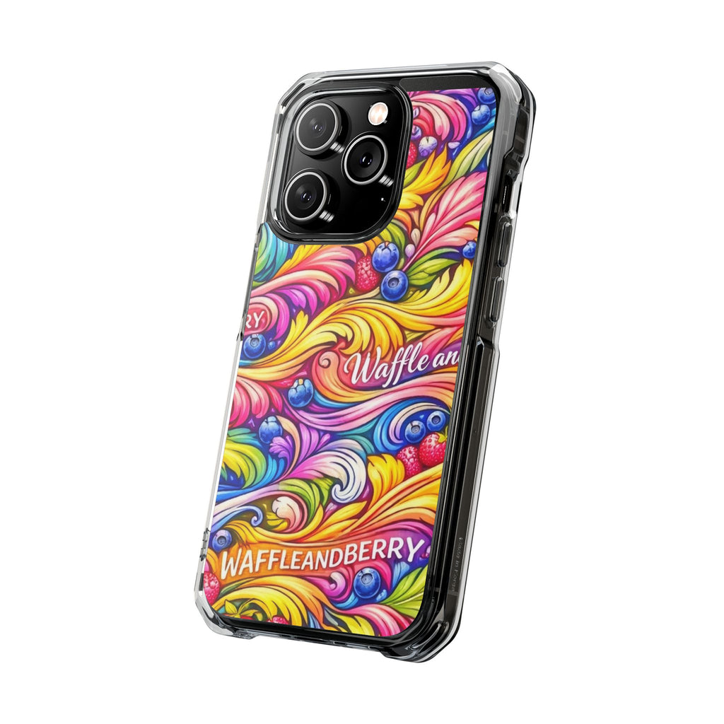 Splash Berry Clear Magnetic Phone Case — Bright Rainbow Swirl Design (Waffle and Berry text)