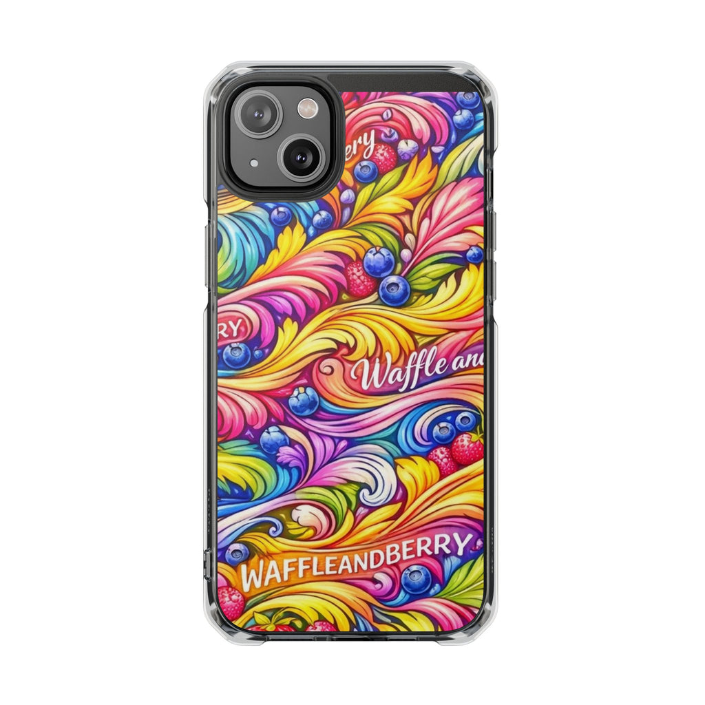 Splash Berry Clear Magnetic Phone Case — Bright Rainbow Swirl Design (Waffle and Berry text)