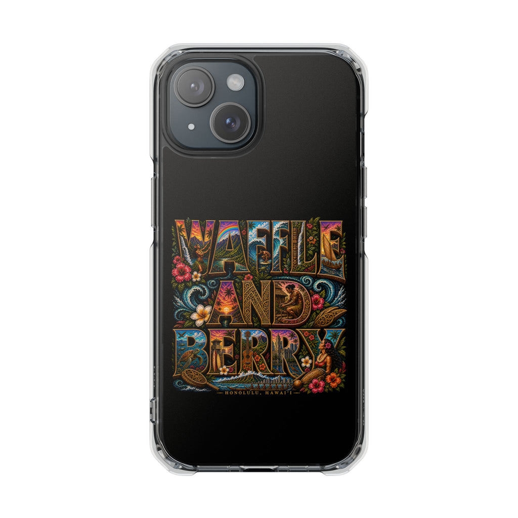 Clear Magnetic Phone Case — Bright Rainbow Swirl Design (Waffle and Berry text)
