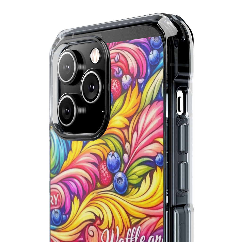 Splash Berry Clear Magnetic Phone Case — Bright Rainbow Swirl Design (Waffle and Berry text)