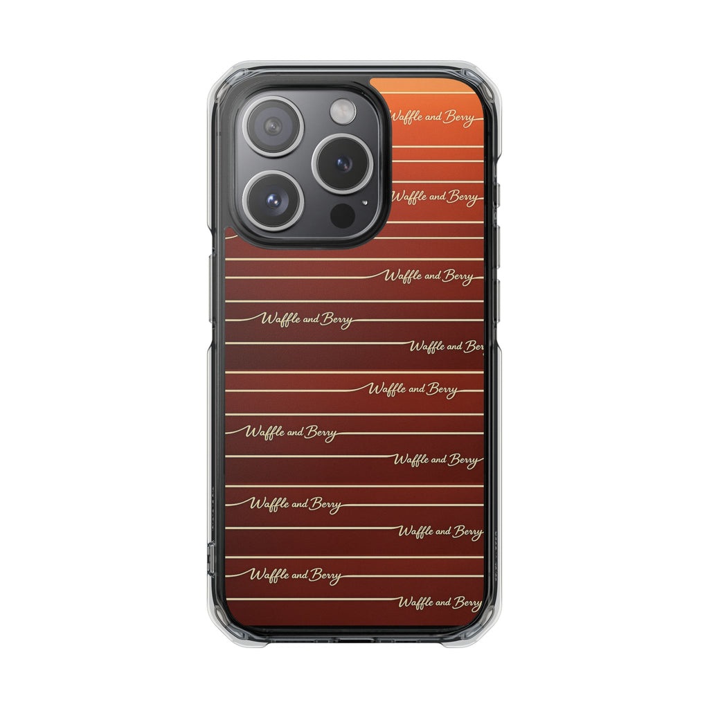 Clear Magnetic Phone Case — Striped Brown Gradient with "Waffles and Brgrs" Script